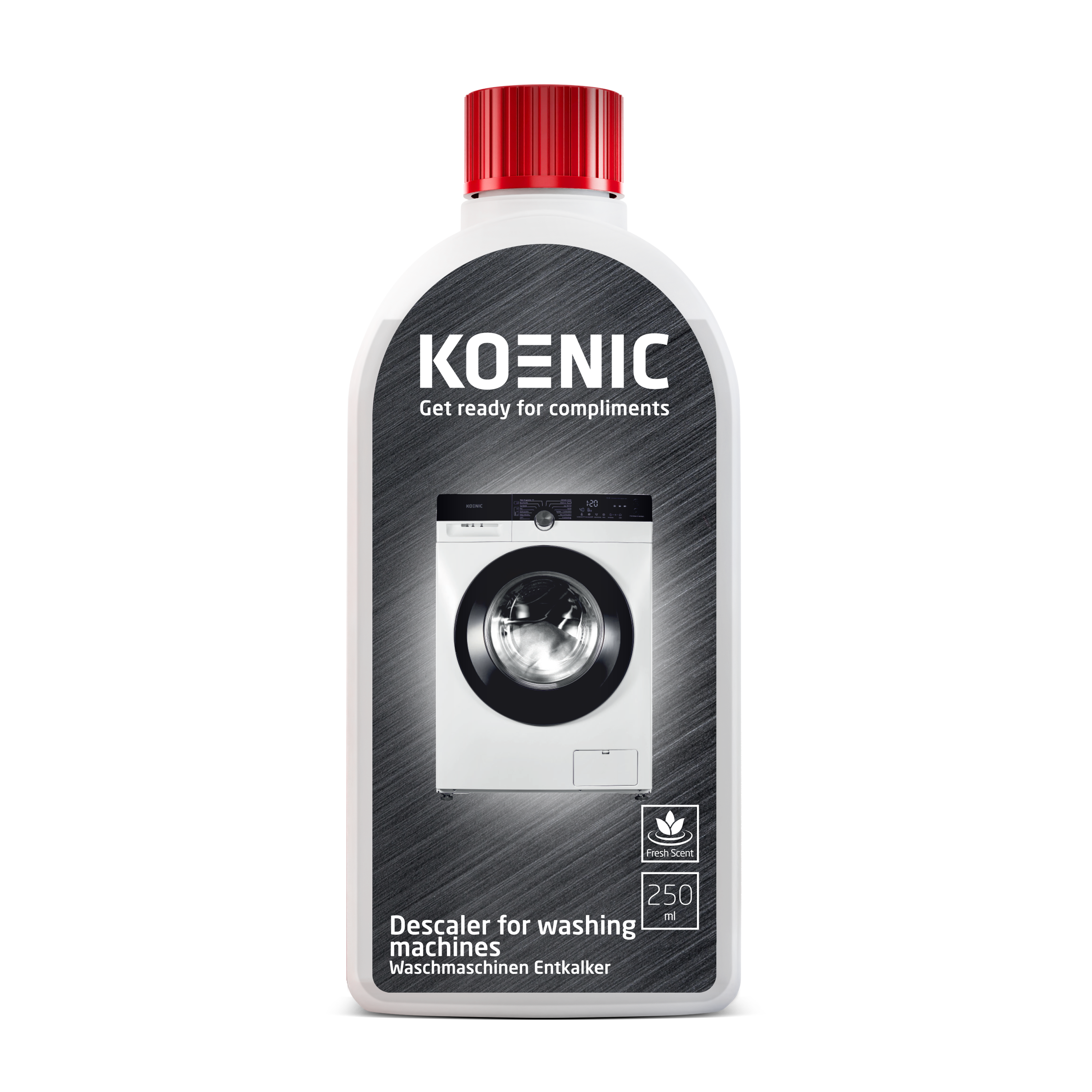 Flasche Entkalker mit Waschmaschinenbild, Marke Koenic. Roter Deckel, weißer Körper und schwarzer Hintergrund.