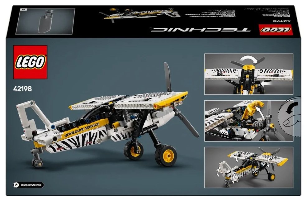 Pudełko LEGO Technic przedstawia biało-żółty model samolotu. Ma detale w paski zebry. Pudełko zawiera zbliżenia.
