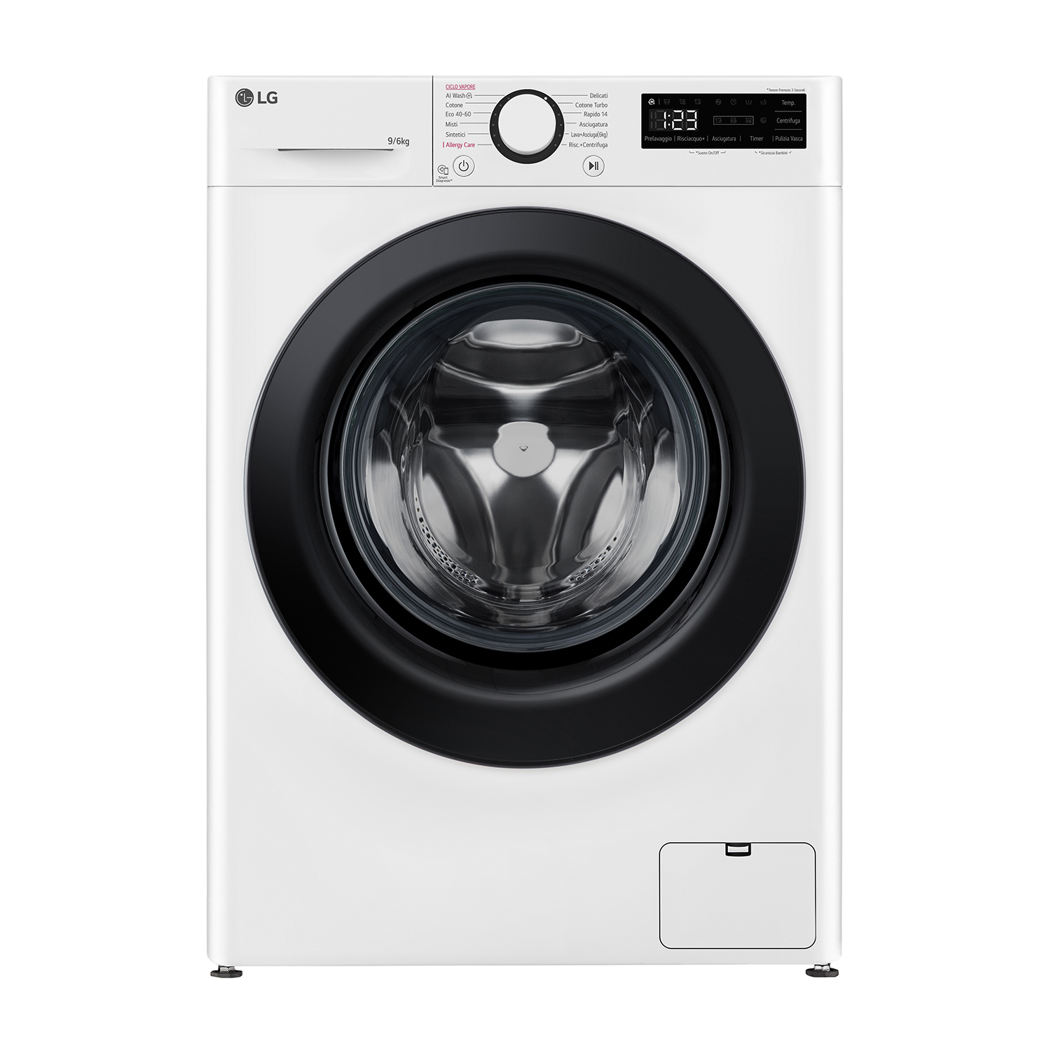 Una lavatrice LG bianca con porta nera. Ha un display digitale e varie opzioni di programma.