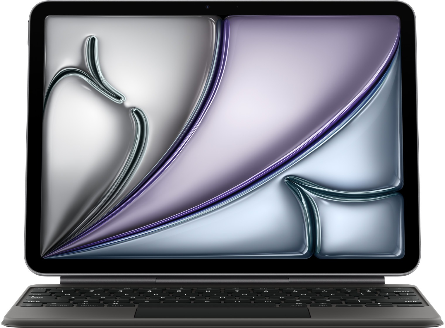 Ordinateur portable avec un écran réfléchissant affichant des formes abstraites en argent, violet et bleu. Un clavier sombre est attaché en dessous.