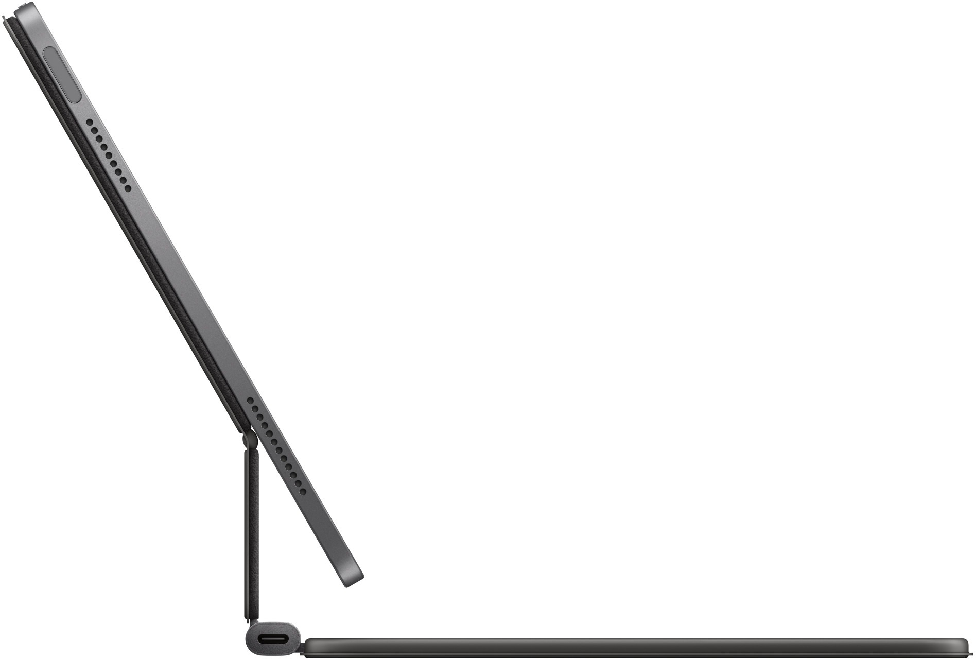Vue latérale d'une tablette grise avec clavier connecté. La tablette est légèrement inclinée.