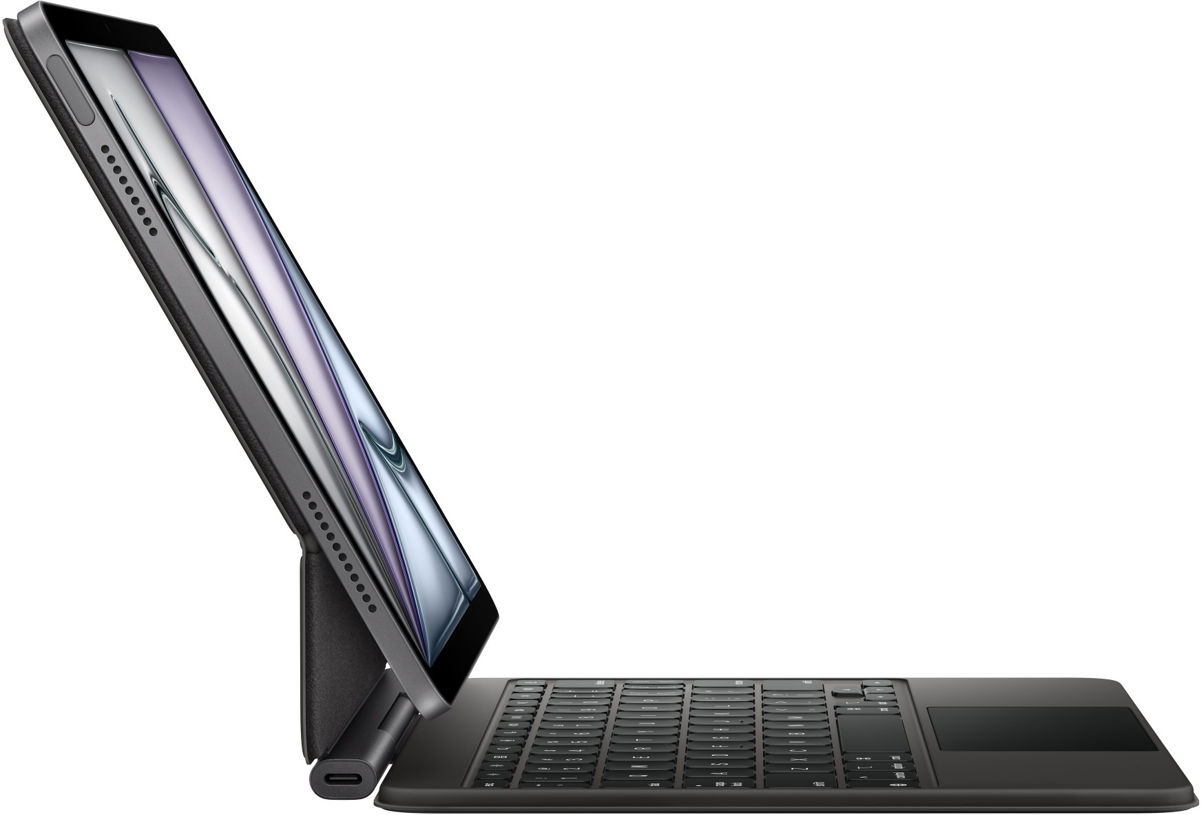 Une tablette sombre avec un clavier attaché. L'écran affiche une image colorée. Le clavier a un pavé tactile.