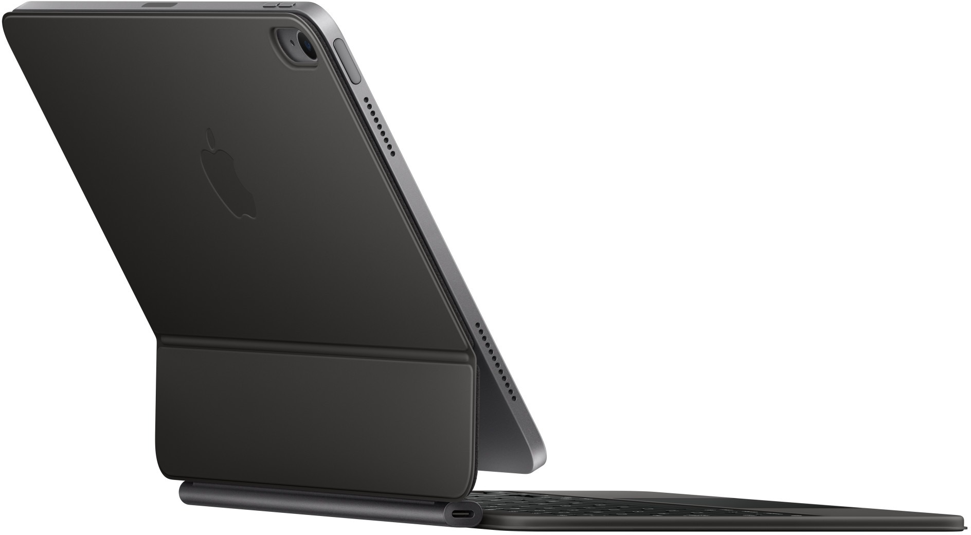 iPad noir avec étui clavier, logo Apple visible. L'appareil est incliné, montrant l'écran, l'étui et le clavier.