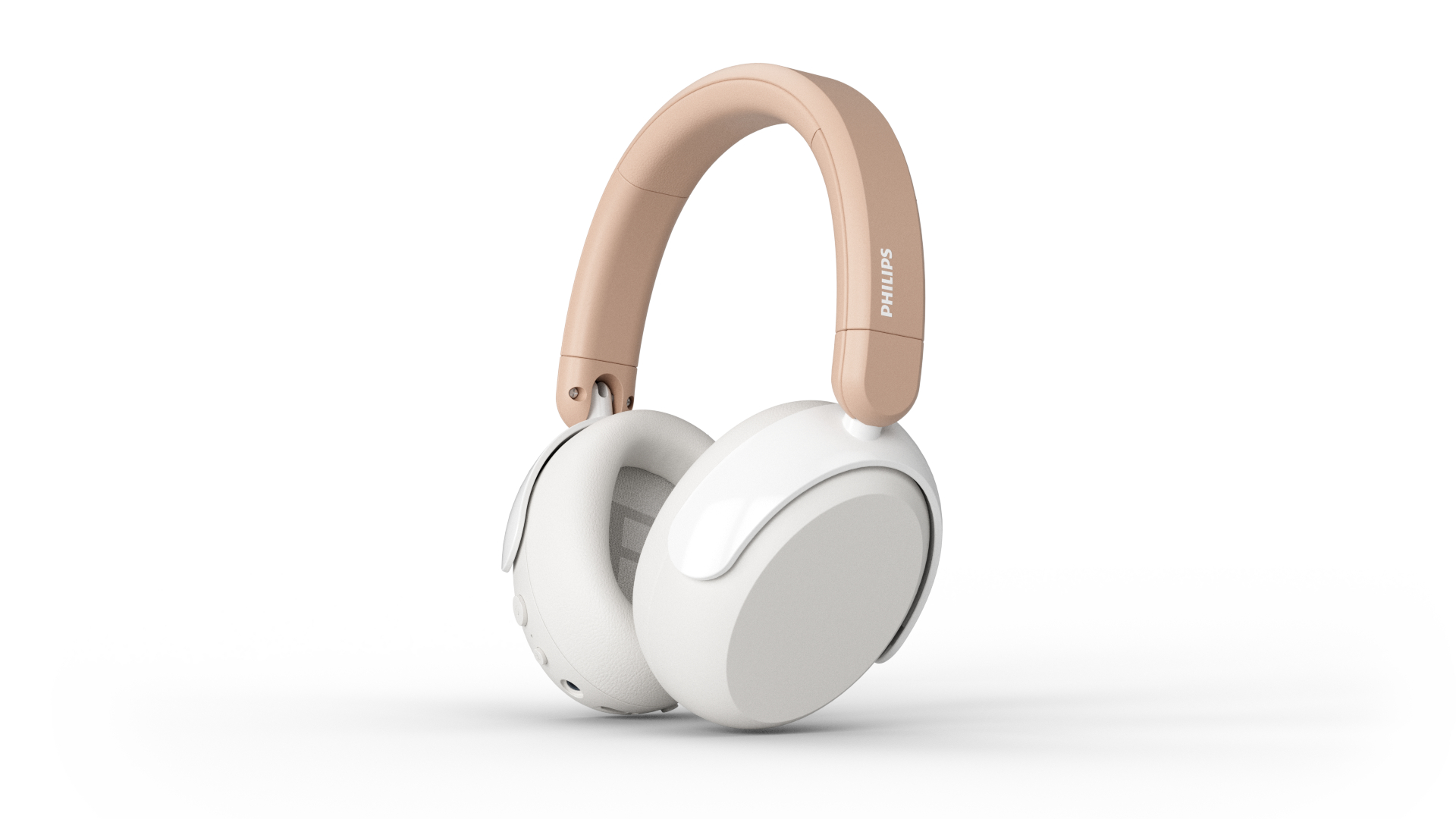Weiß-beige Philips-Kopfhörer. Beiges Kopfband, weiße Ohrmuscheln. Philips-Logo an der Seite.