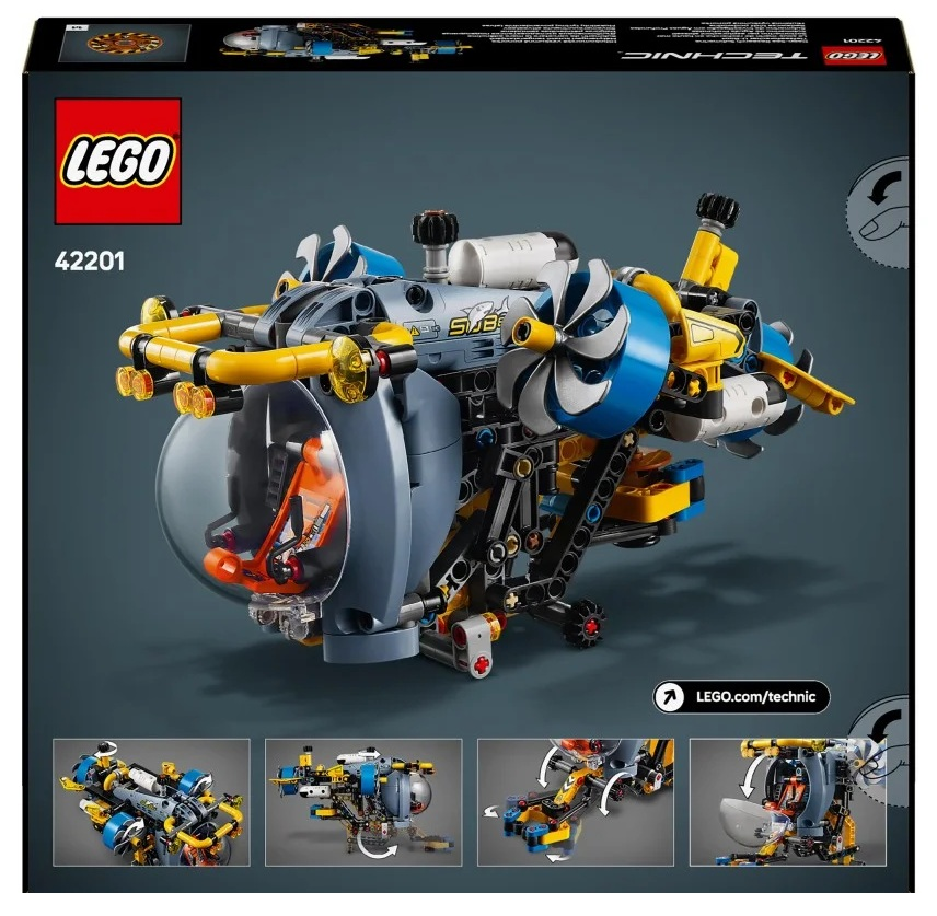 Model łodzi podwodnej Lego Technic z żółtymi i niebieskimi akcentami. Posiada przezroczysty kokpit, śmigło i logo Lego.