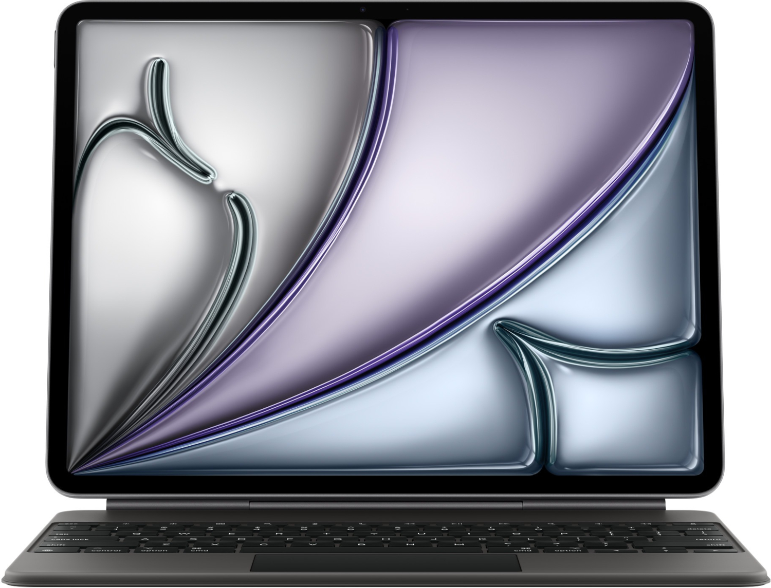 A tablet with a detached keyboard. The screen shows abstract shapes in silver, purple, and blue. The keyboard is black.