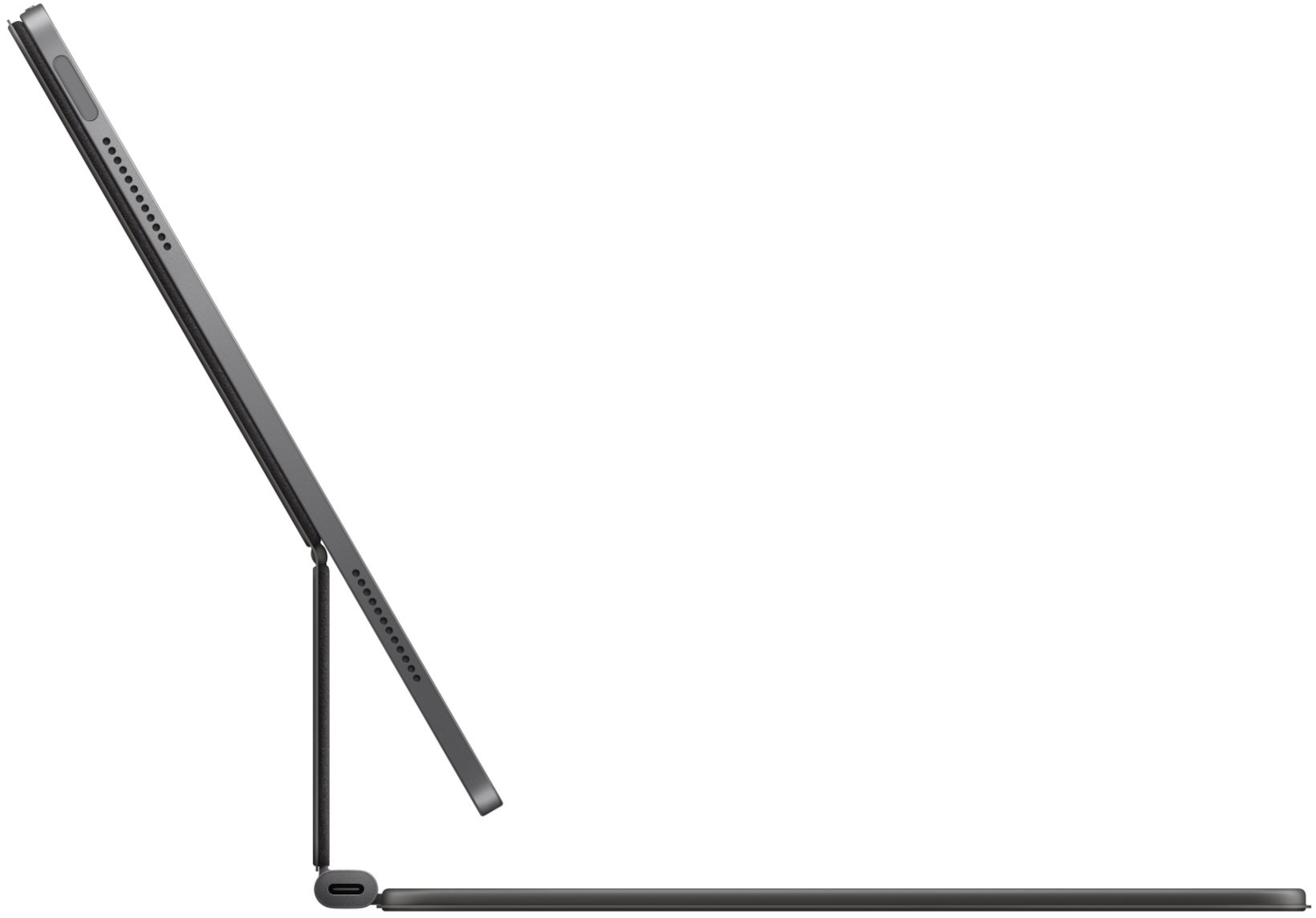 Side view of a dark gray tablet with a keyboard. The tablet is angled up and connected to the keyboard via a hinge.