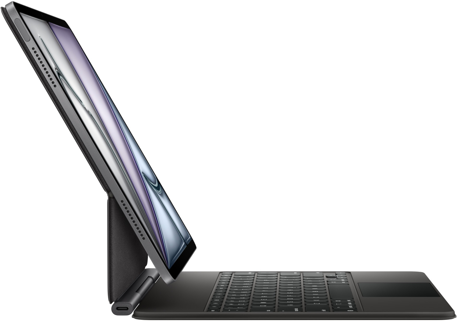 A black tablet with keyboard. The screen is tilted. The keyboard has keys and a touchpad. White background.