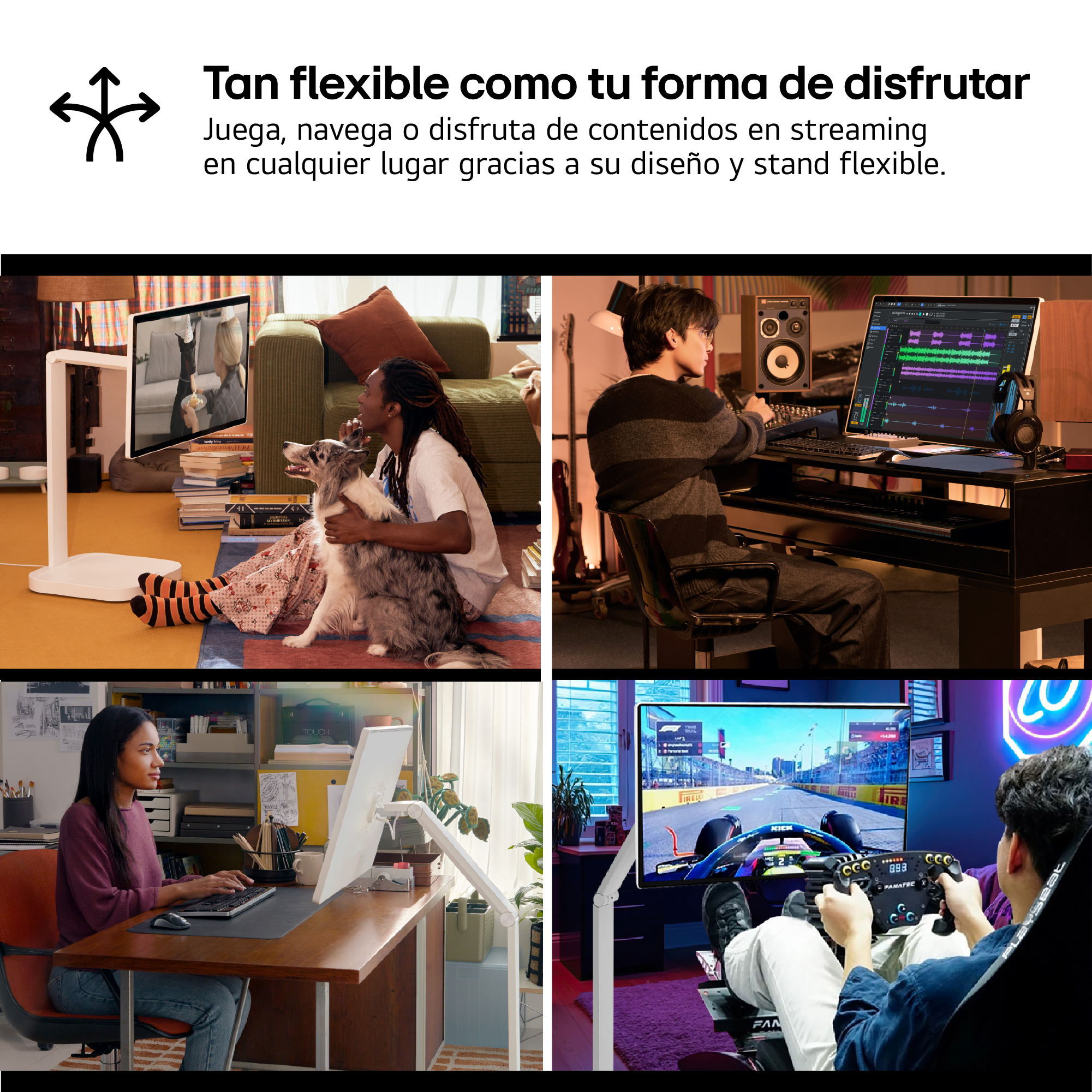 La imagen muestra personas usando pantallas para streaming, juegos y trabajo, con diseño de soporte flexible.