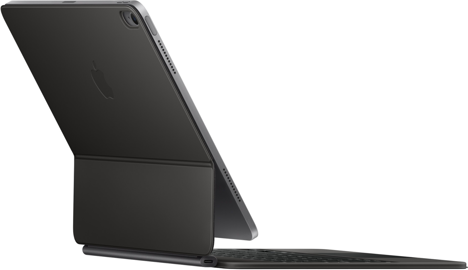 Black iPad with attached keyboard, slightly open. Apple logo visible on the back. White background. Sleek, modern design.