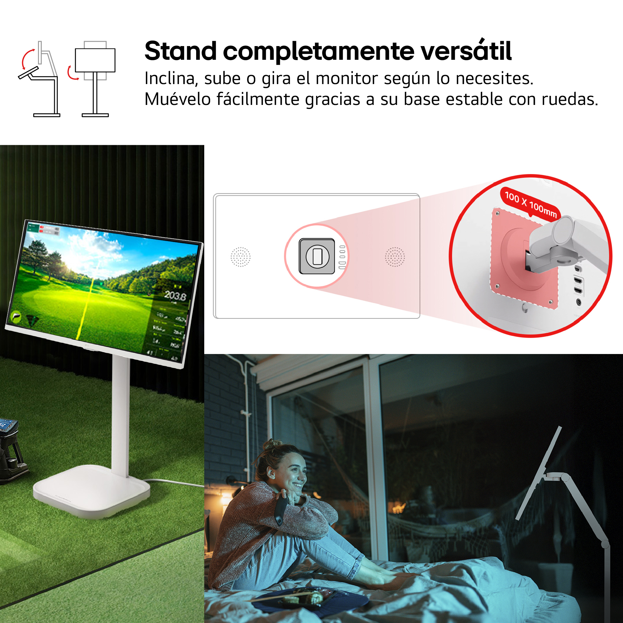 Soporte de monitor con pantalla de campo de golf. Mujer ve la televisión en cama. Diagramas muestran características.