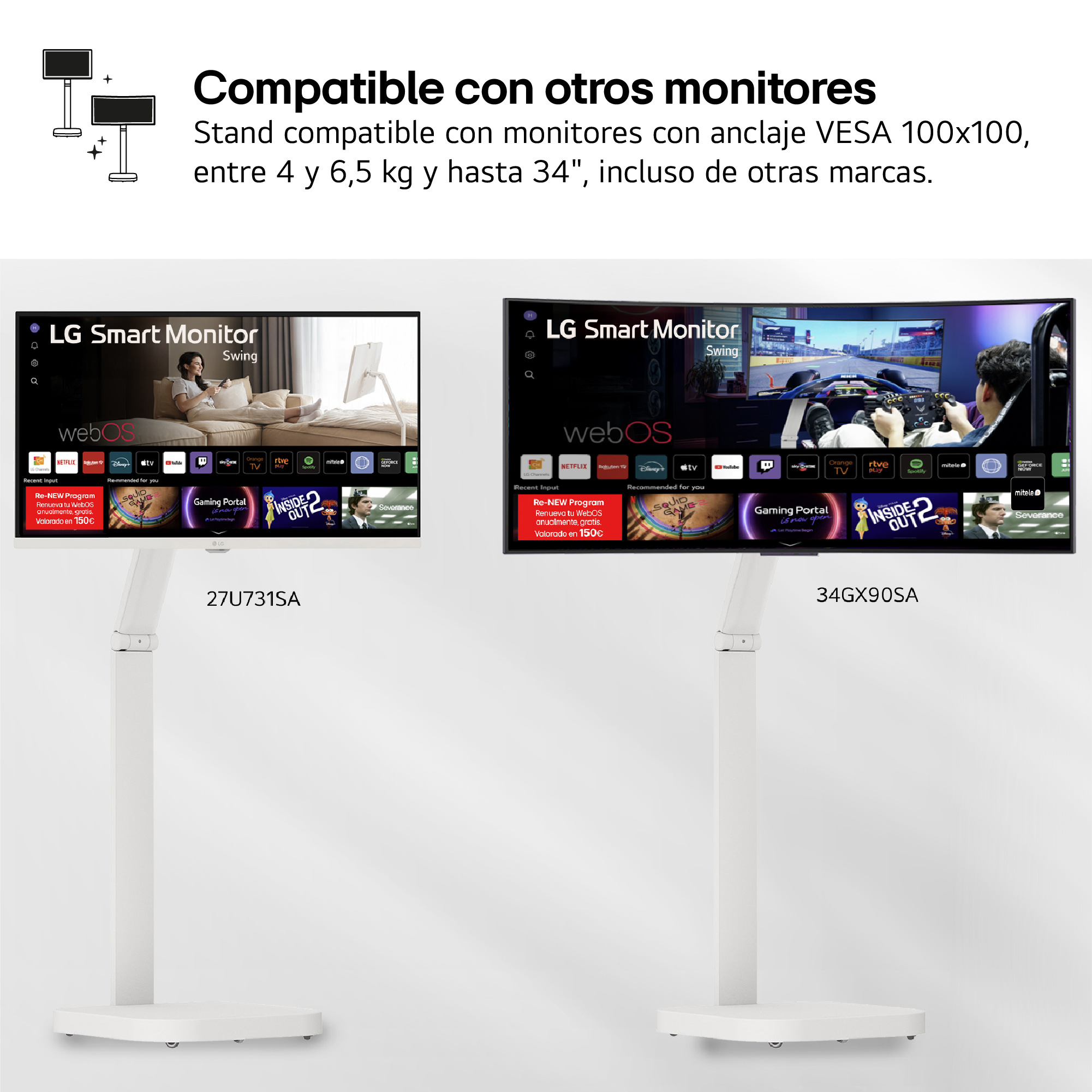Dos monitores LG Smart en soportes blancos con texto. Uno muestra una mujer, otro un juego de carreras.