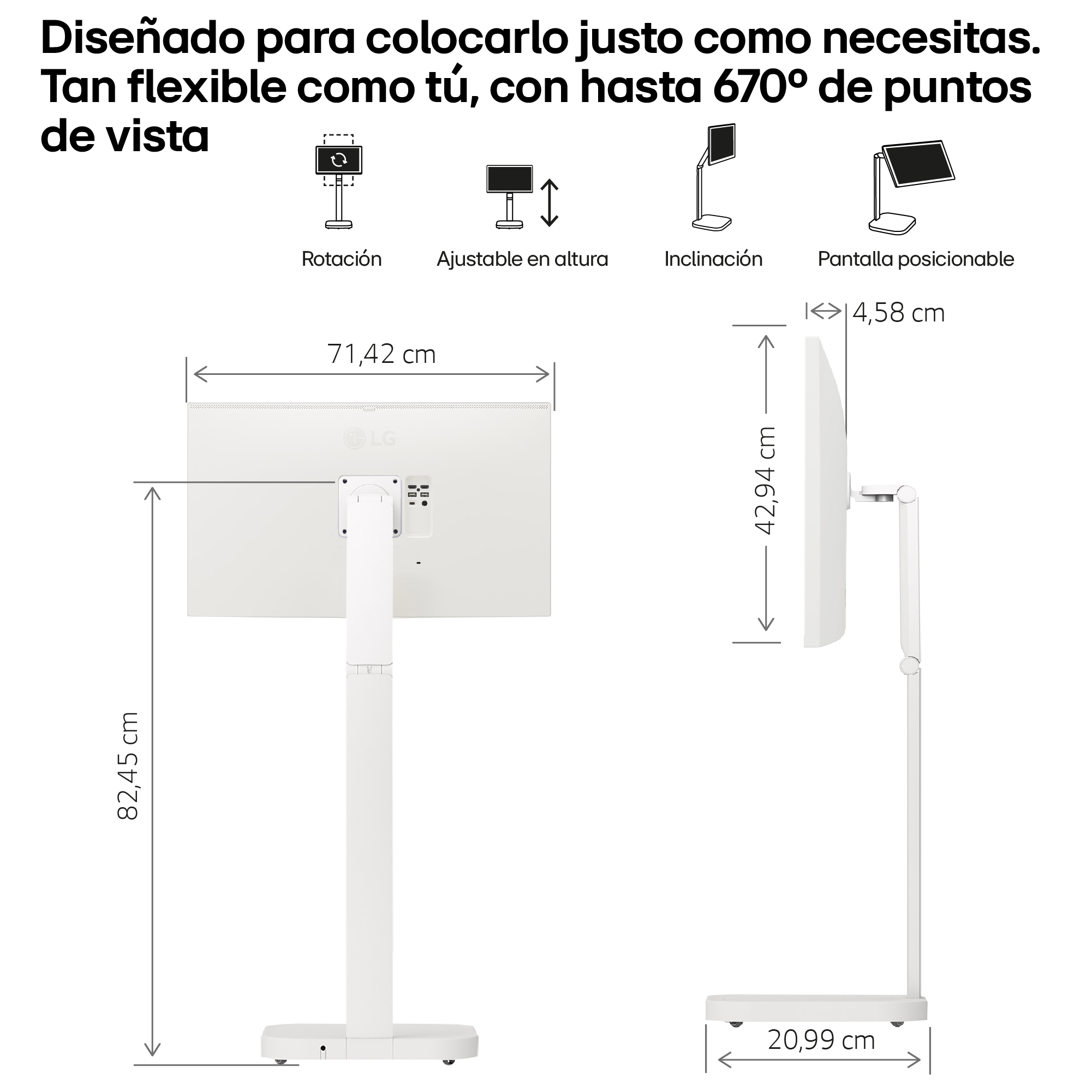 Monitor blanco sobre soporte, dimensiones mostradas. Incluye rotación, ajuste de altura, inclinación y opciones de posicionamiento de pantalla.