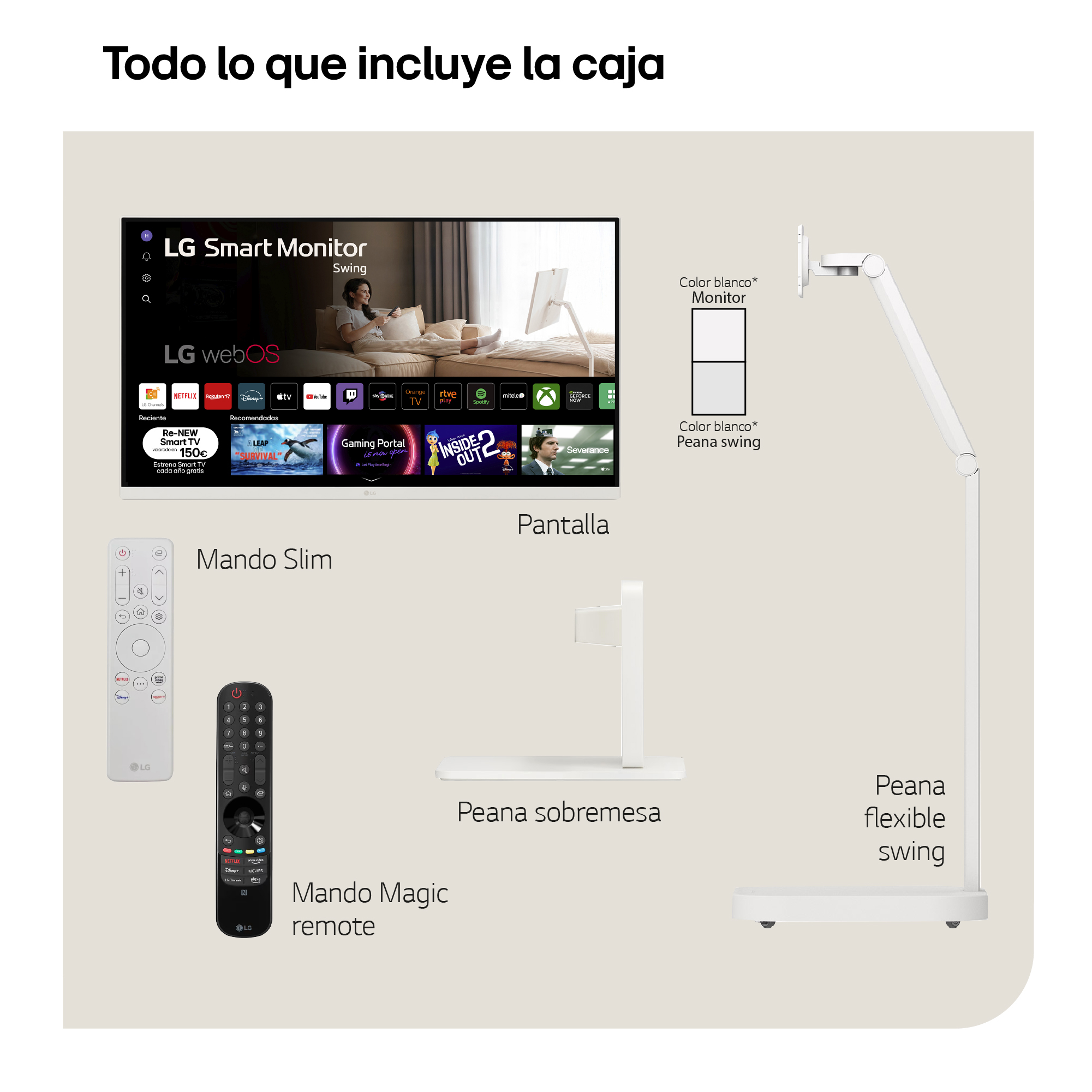 Imagen muestra un LG Smart Monitor con accesorios: controles remotos, soporte y pantalla con aplicaciones.