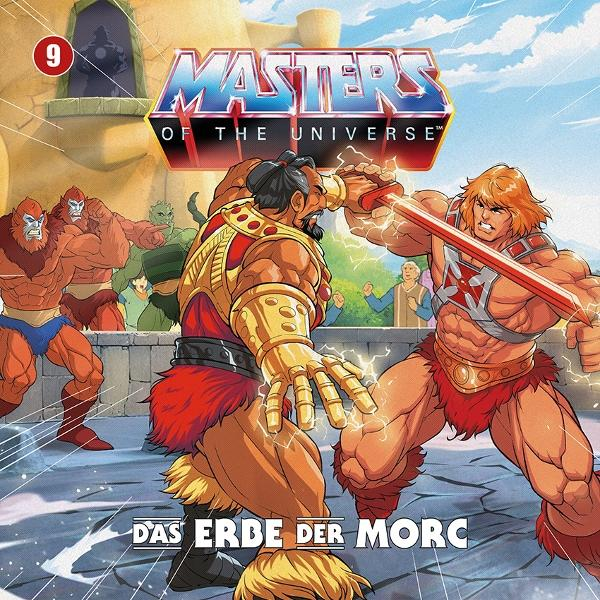 He-Man kämpft mit einem Schwert gegen einen Bösewicht. Andere Charaktere stehen im Hintergrund. Der Titel lautet 'Masters of the Universe'.