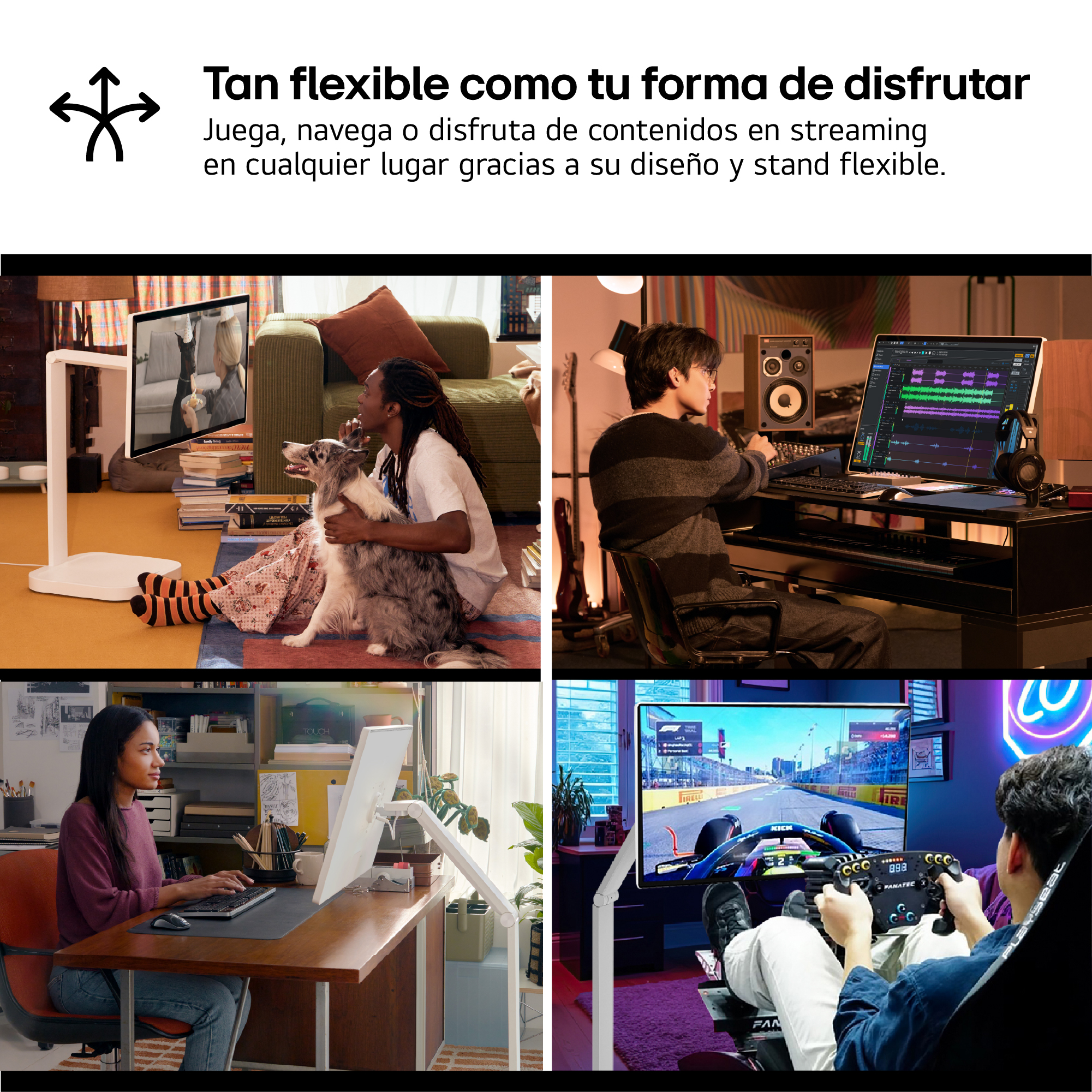 La imagen muestra a personas usando pantallas para videollamadas, producción musical, trabajo y juegos. Cada configuración tiene un soporte flexible.
