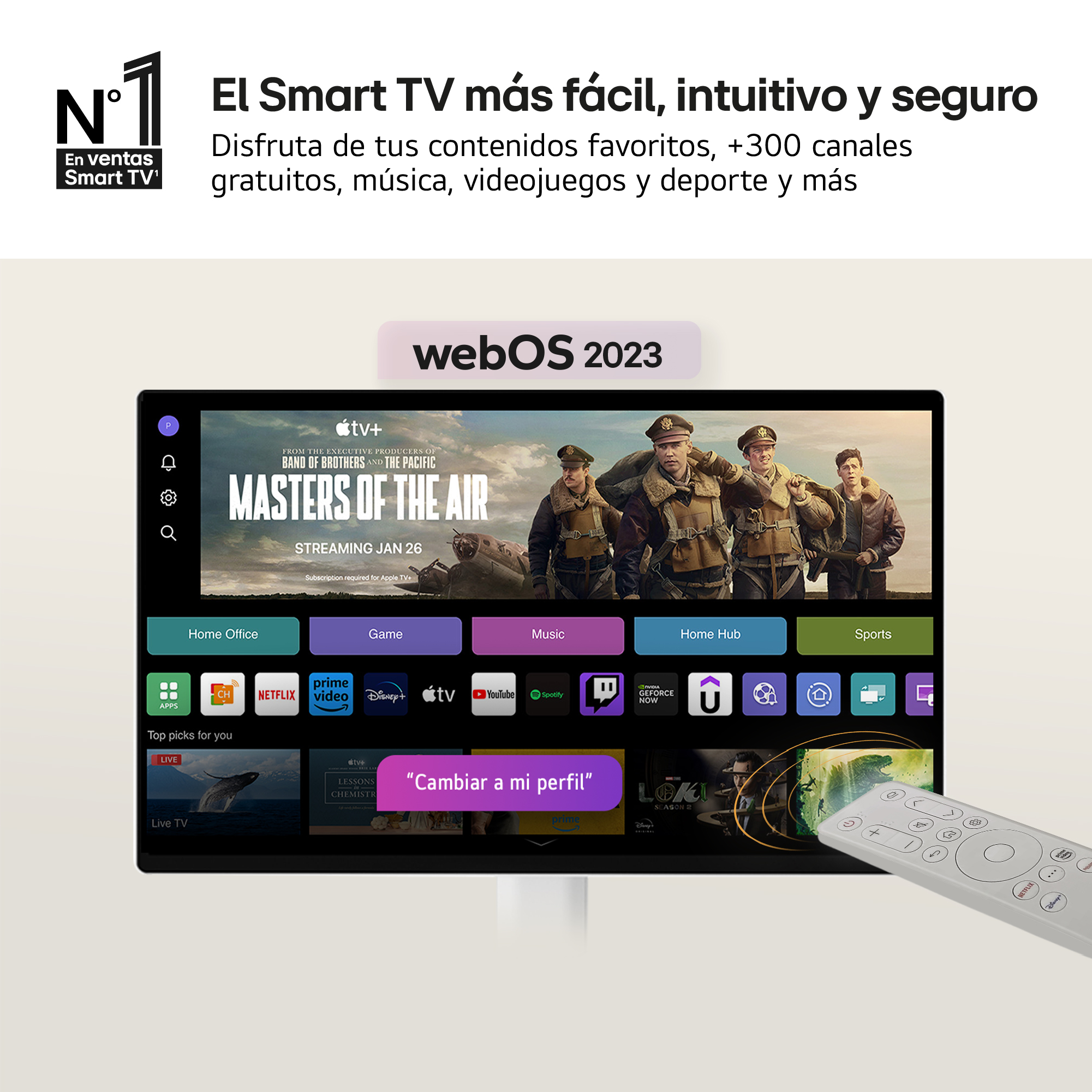 Pantalla Smart TV con película, con mando. Incluye apps como Netflix, YouTube y Disney+.