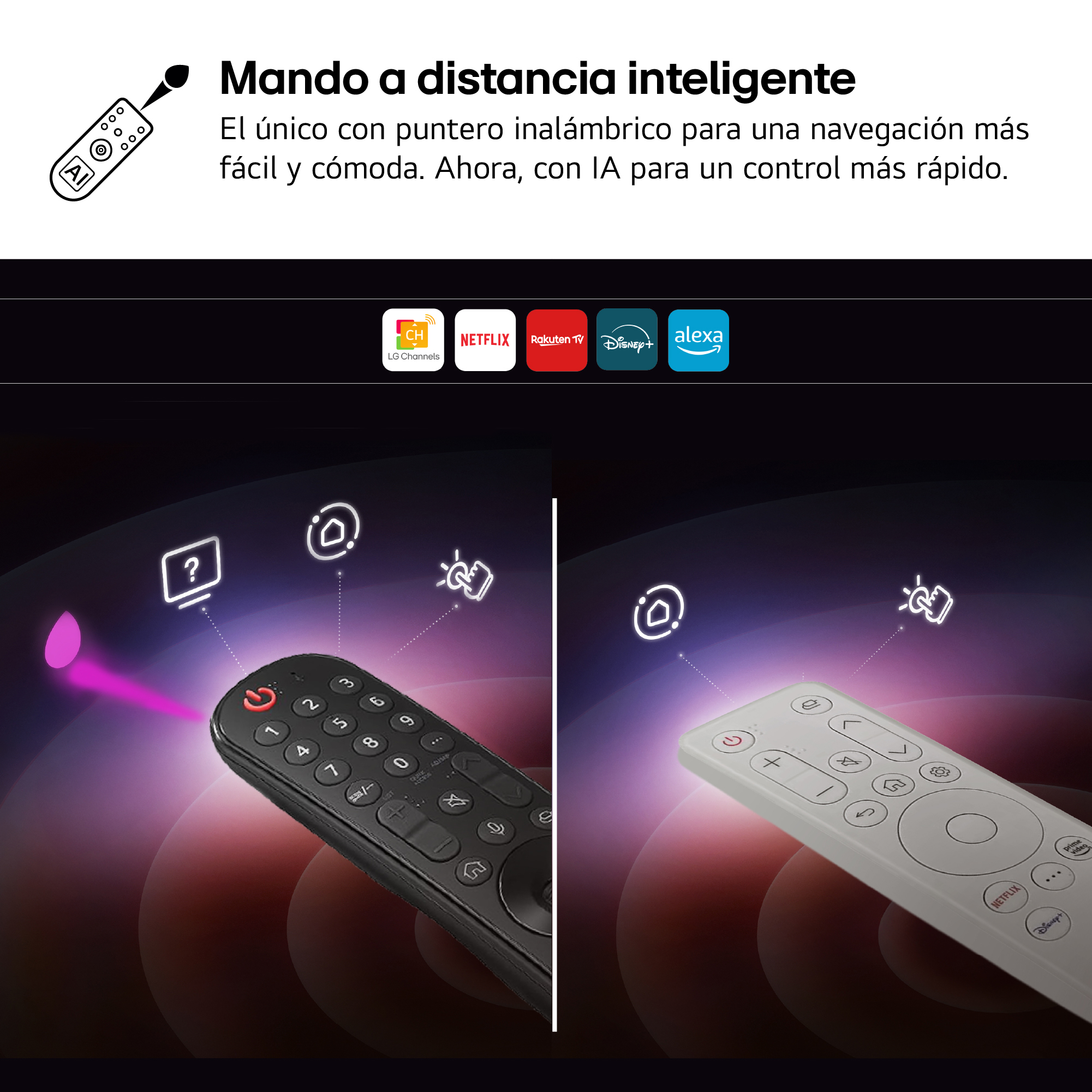 La imagen muestra dos mandos a distancia de TV, uno negro y otro blanco, con iconos, botones y texto, mostrando funciones inteligentes.