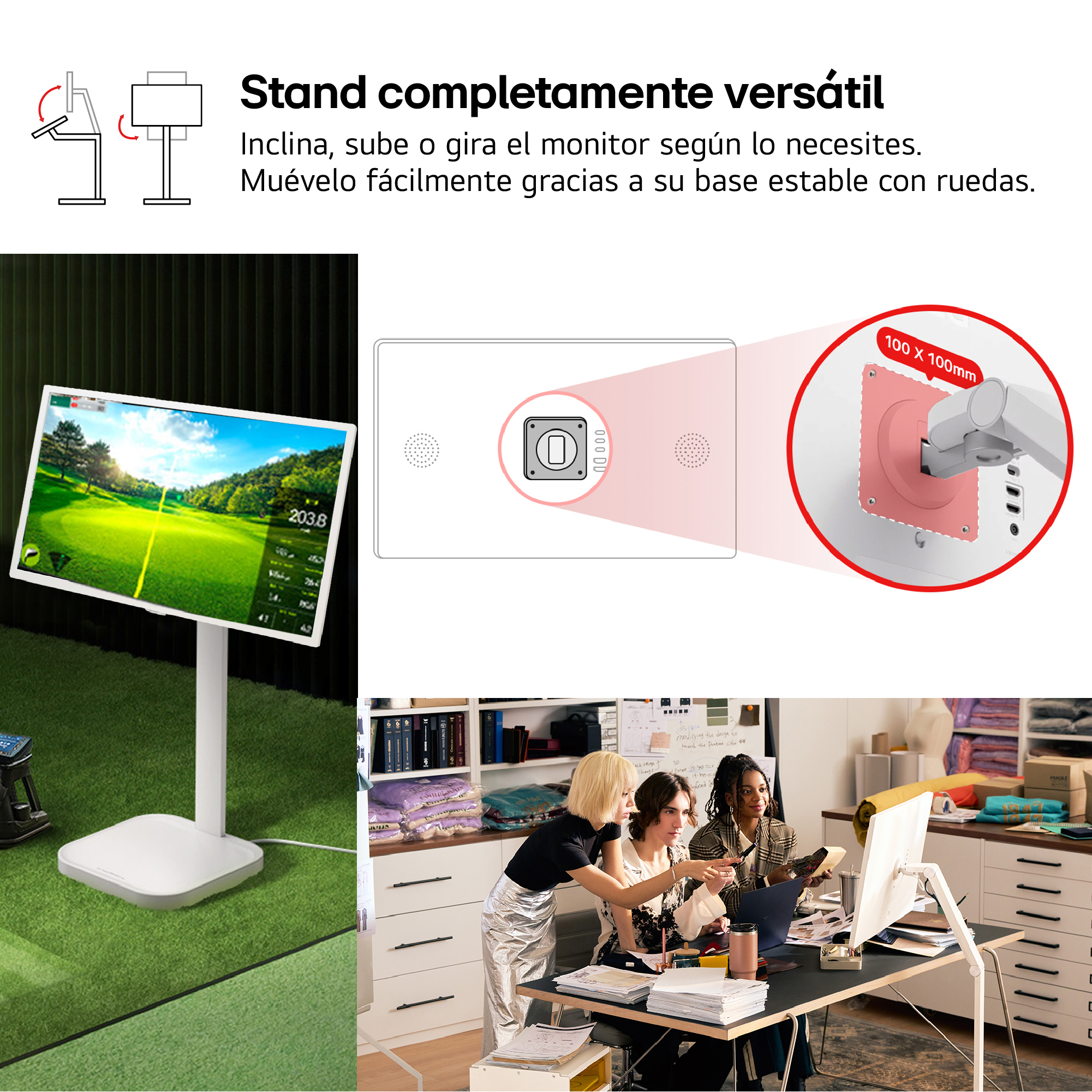 Soporte de monitor, pantalla de campo de golf, tres mujeres mirando una pantalla en una oficina.