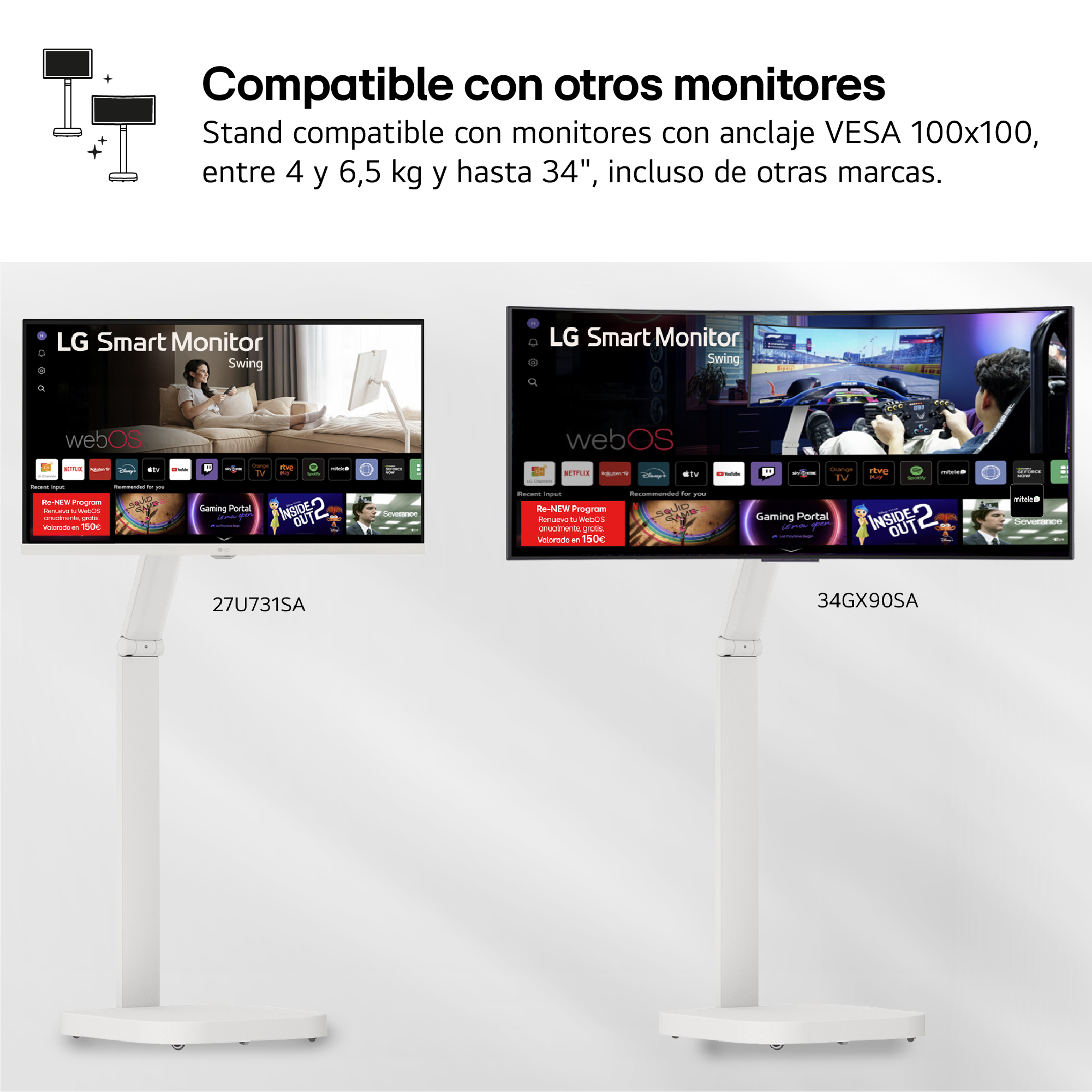 Dos monitores LG Smart en soportes blancos. Texto: 'Compatible con otros monitores' y detalles del producto.