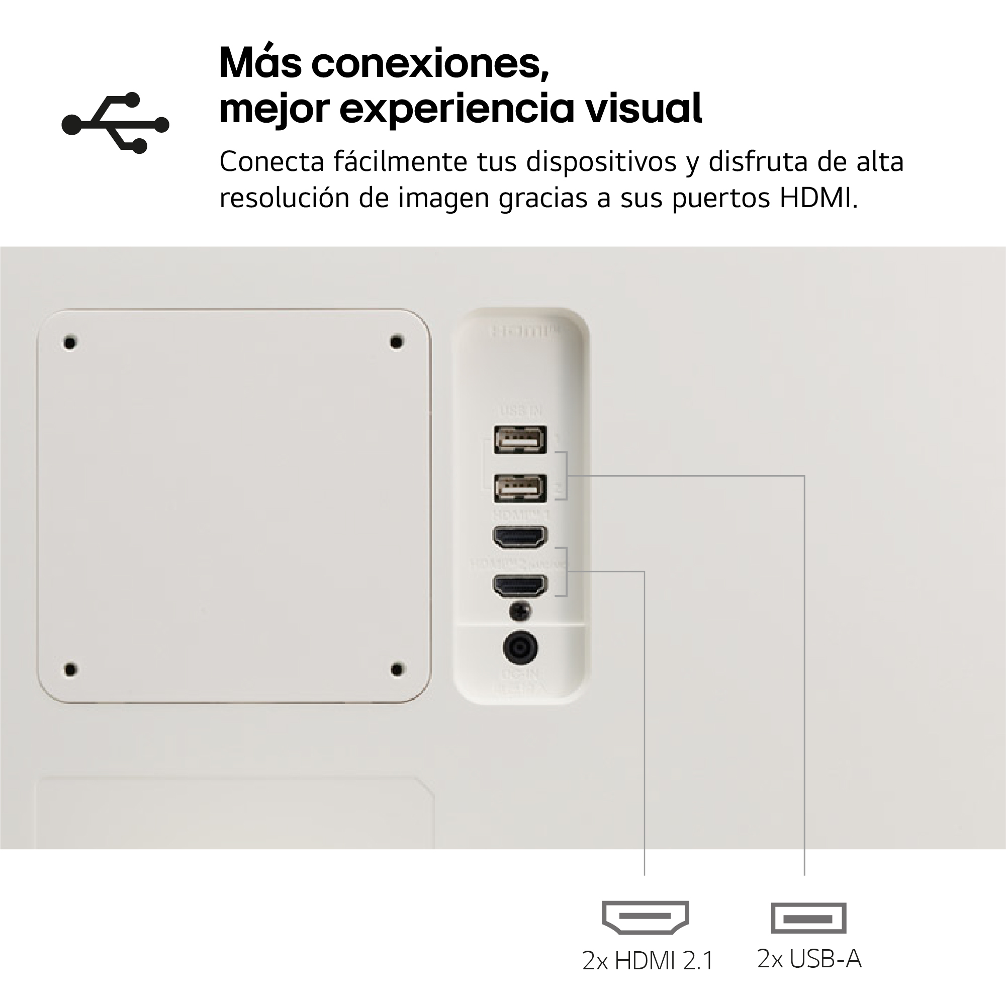 Monitor blanco con puertos HDMI y USB. Texto: 'Más conexiones, mejor experiencia visual'.