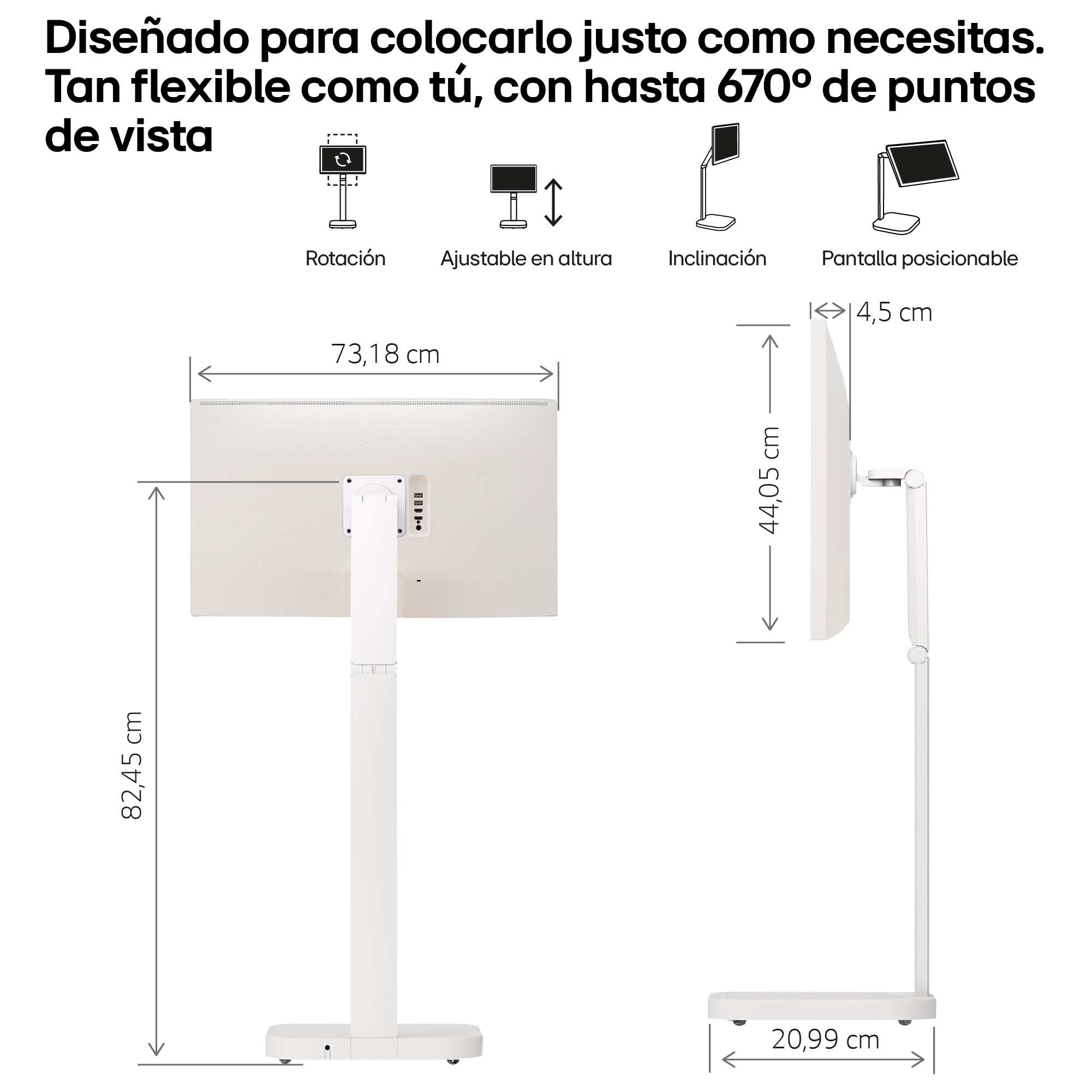 Un soporte de monitor blanco. Tiene una pantalla, un poste y una base con dimensiones etiquetadas.