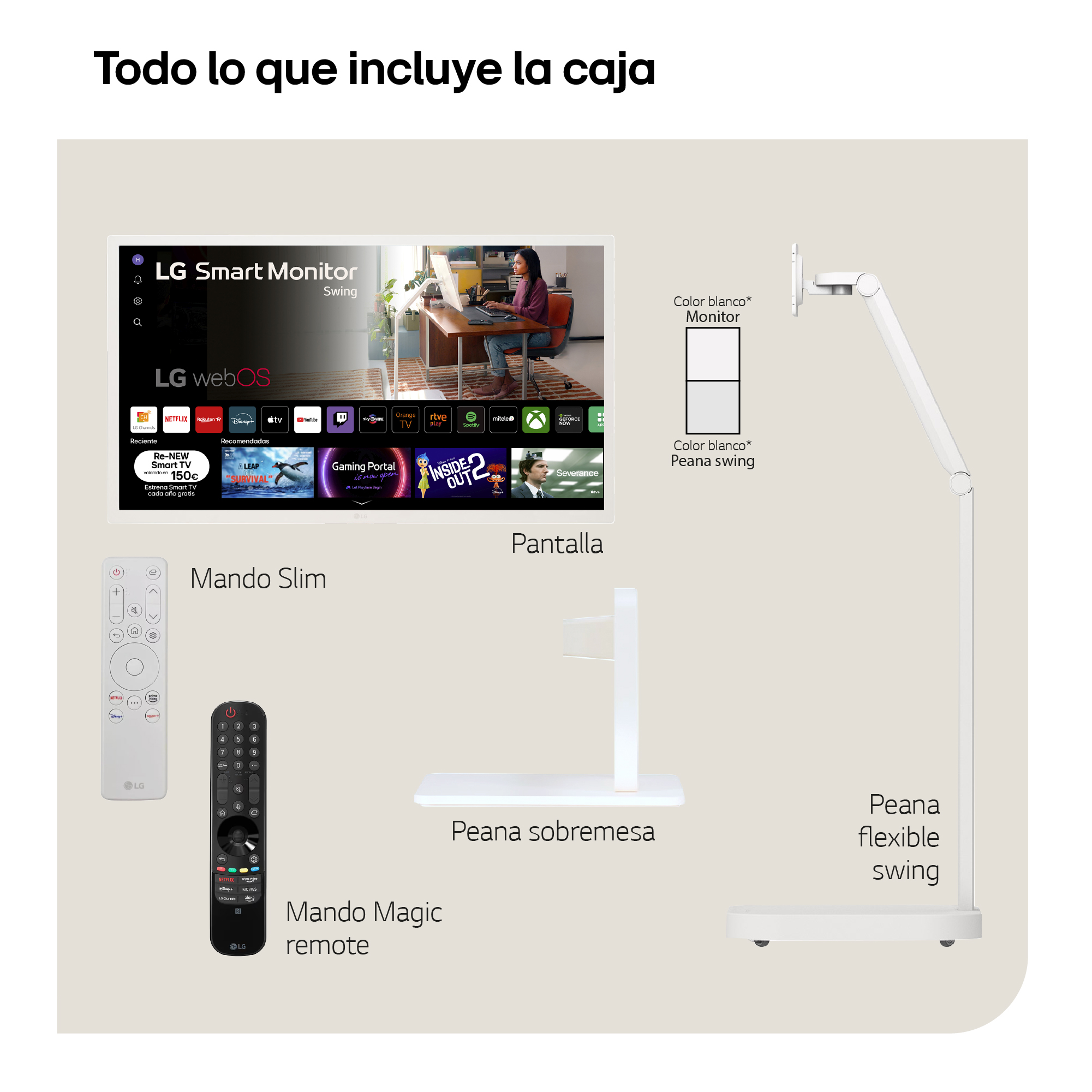 Imagen muestra un LG Smart Monitor con accesorios: mando a distancia delgado, mando mágico, soporte de monitor y soporte oscilante flexible.