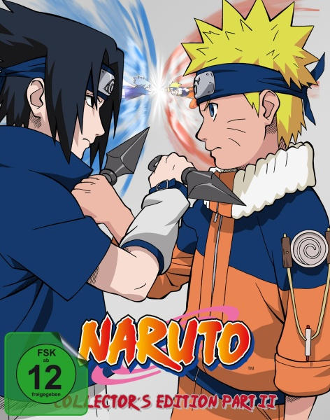 Anime-Cover mit zwei Figuren, die sich gegenüberstehen und Waffen halten. Der Titel 'Naruto' ist deutlich sichtbar.