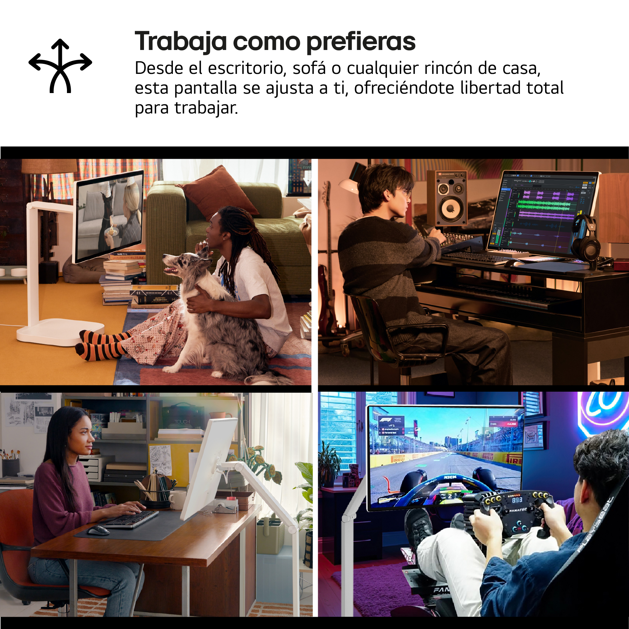 La imagen muestra personas trabajando en diferentes configuraciones: sofá, escritorio y simulador de carreras, todos con pantalla.