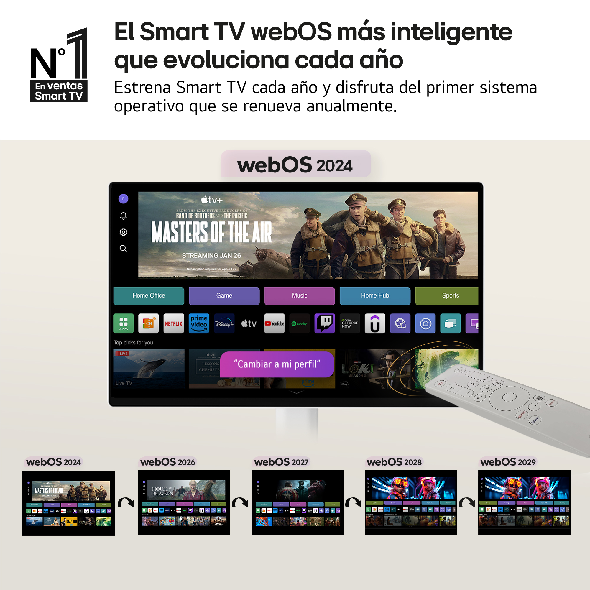 Smart TV con webOS. Muestra una pantalla de TV con un mando a distancia y una serie de iconos de aplicaciones.
