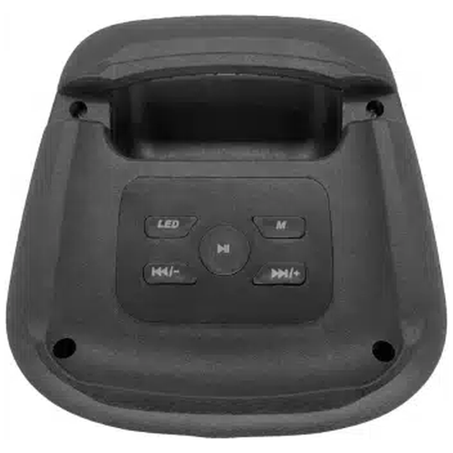 A dark gray speaker with control buttons. The top has a handle. Buttons include LED, M, play, and volume controls.