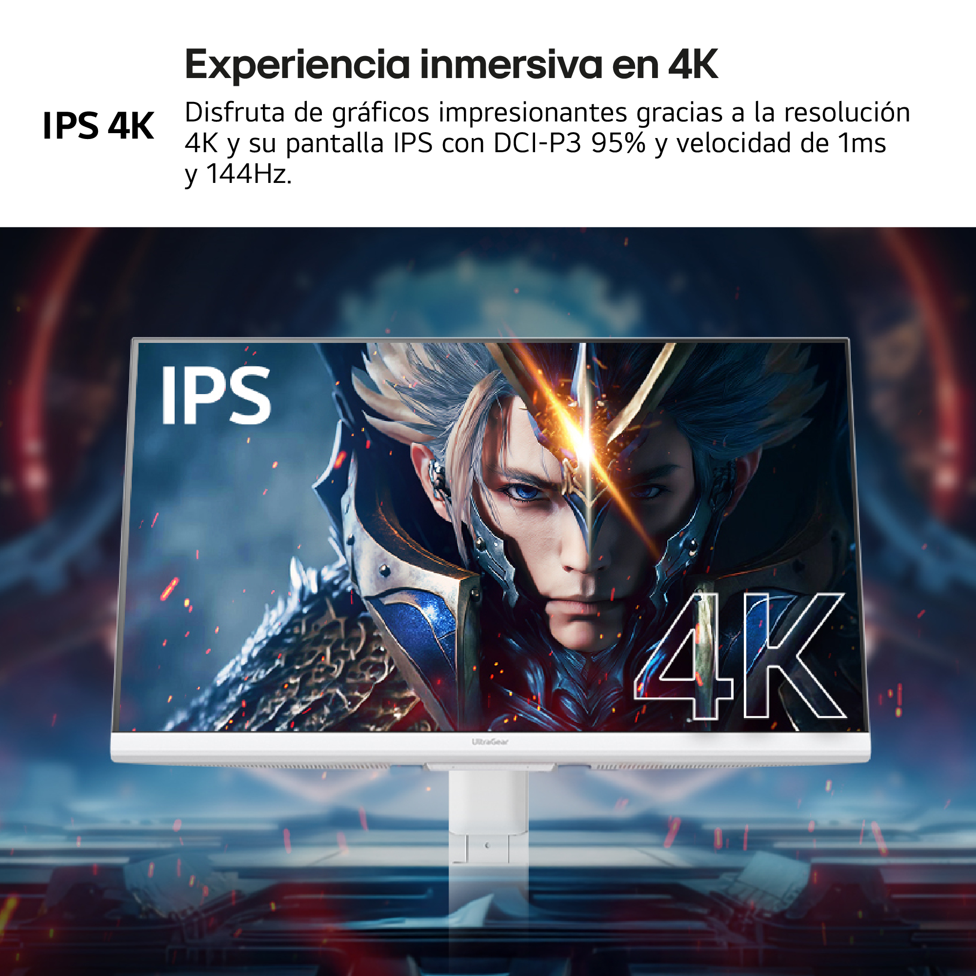 Un monitor de computadora con un personaje de juego en la pantalla. Tiene resolución 4K y panel IPS.