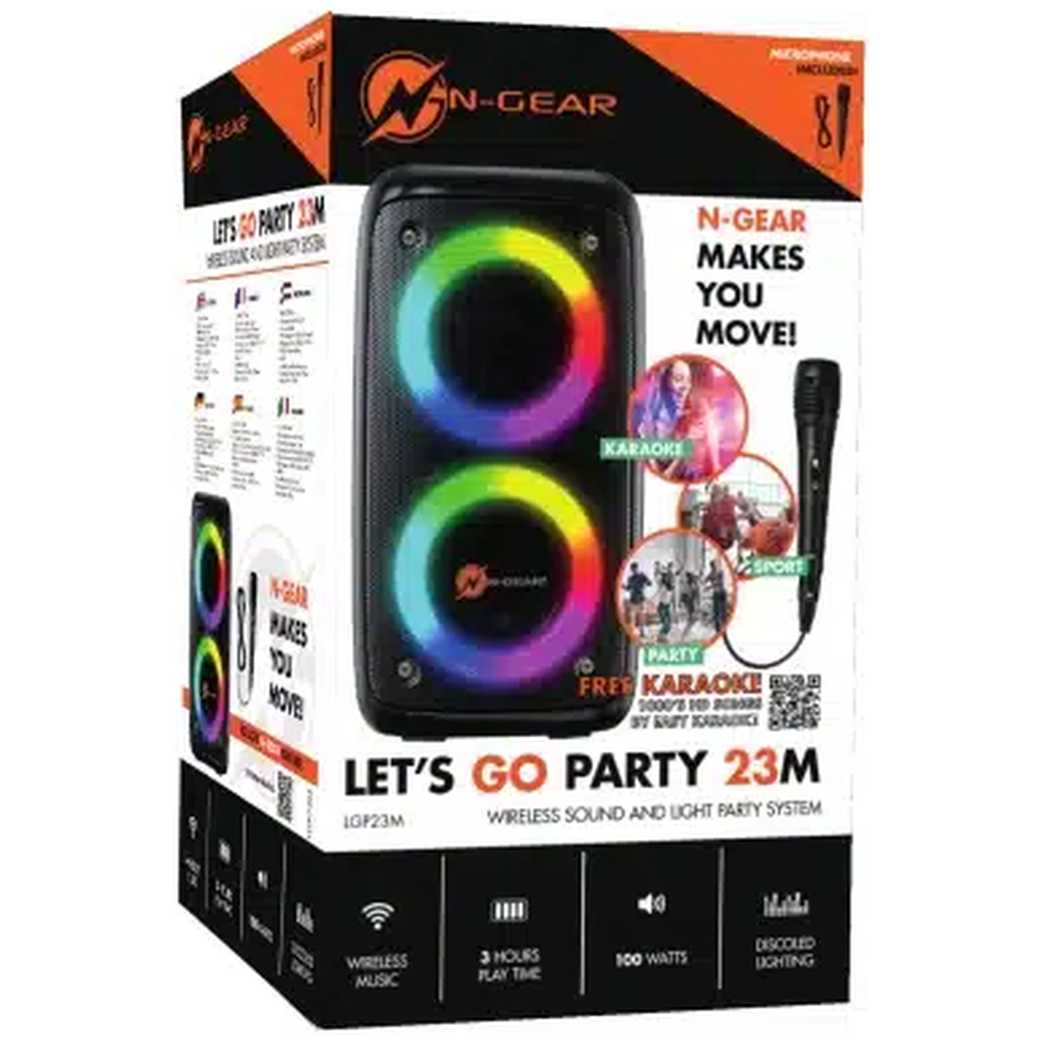A speaker box with a light-up front, a microphone, and promotional text like 'Let's Go Party 23M'.