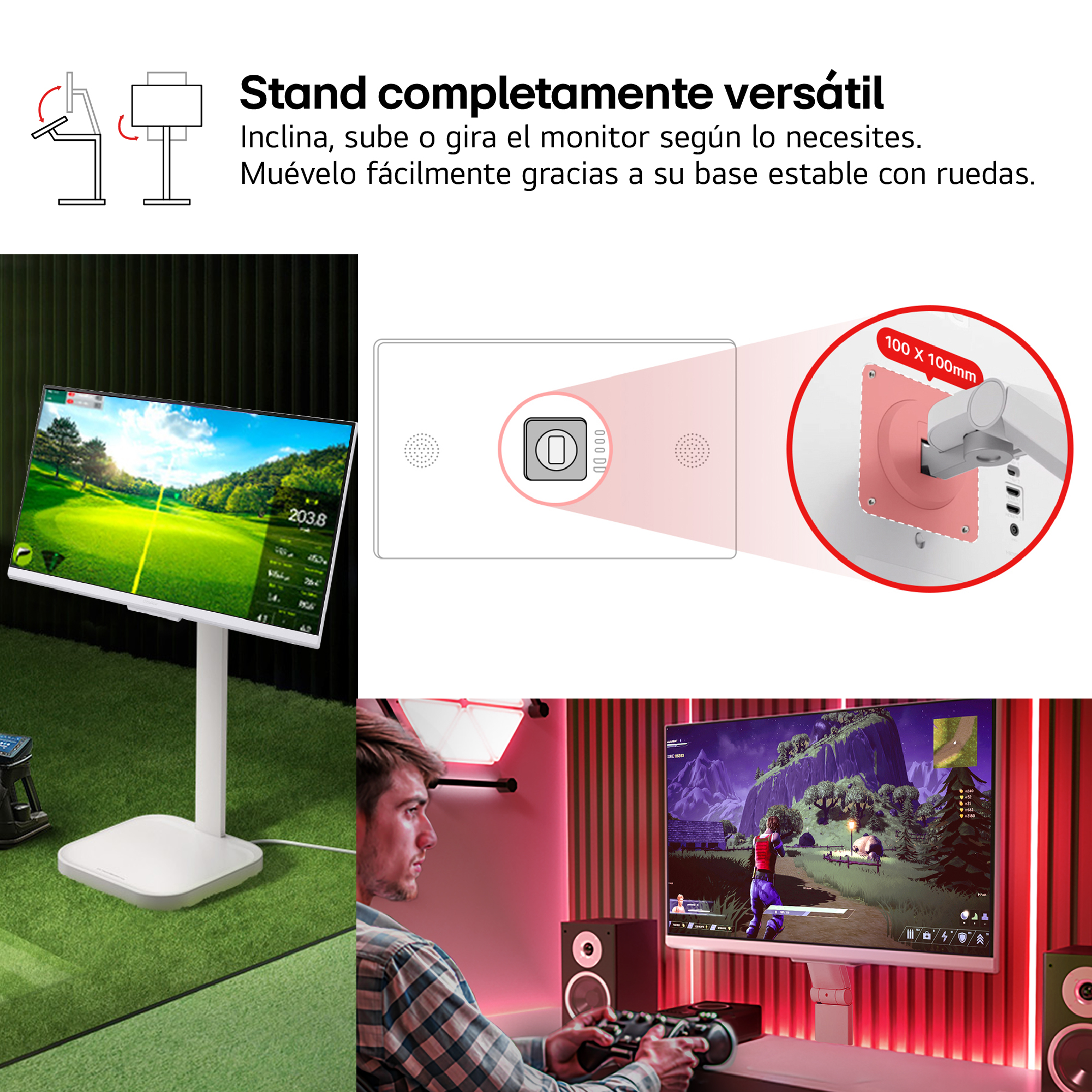 Un soporte de monitor blanco con una pantalla que muestra un campo de golf. Un hombre juega en otro monitor.