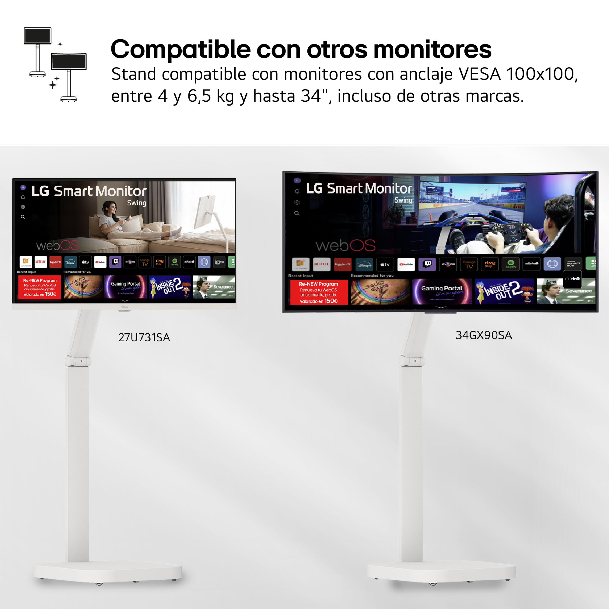 Dos monitores LG Smart en soportes blancos. Cada uno muestra una interfaz diferente y está etiquetado con un número de modelo.