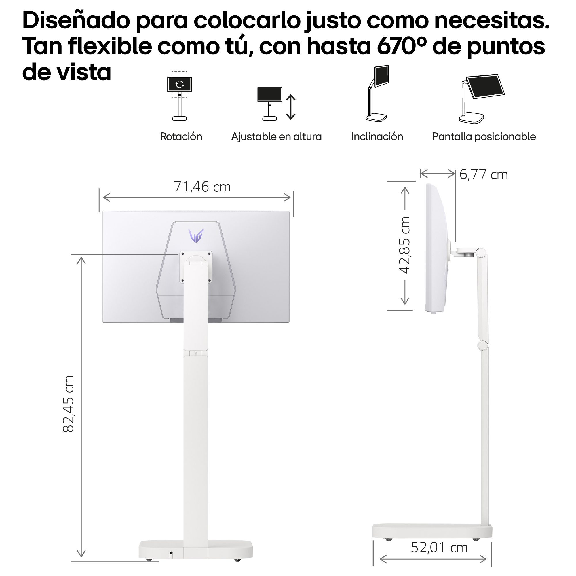 Monitor blanco en un soporte. Las dimensiones se muestran con etiquetas. El texto dice: 'Diseñado para tus necesidades'.