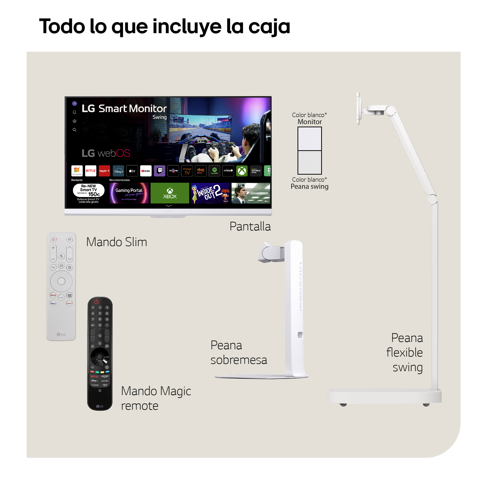 La imagen muestra un monitor LG Smart con accesorios: mandos, un soporte y un soporte de monitor blanco.
