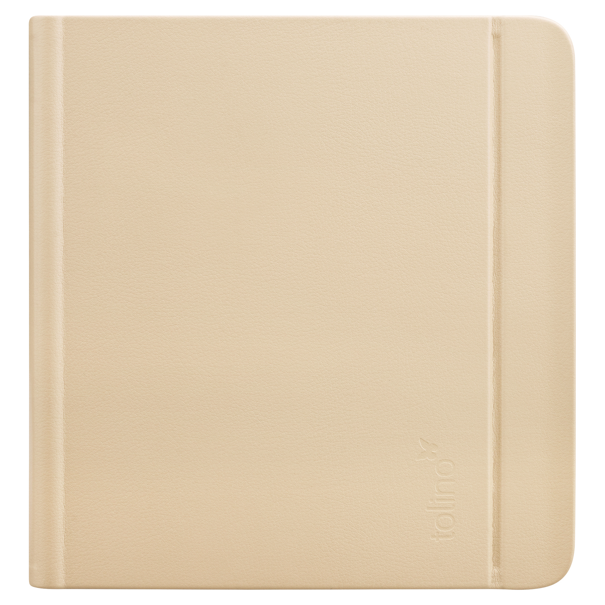 Eine beige E-Reader-Hülle. Sie hat eine strukturierte Oberfläche mit einem vertikalen Bindestreifen und einem 'tolino'-Logo.