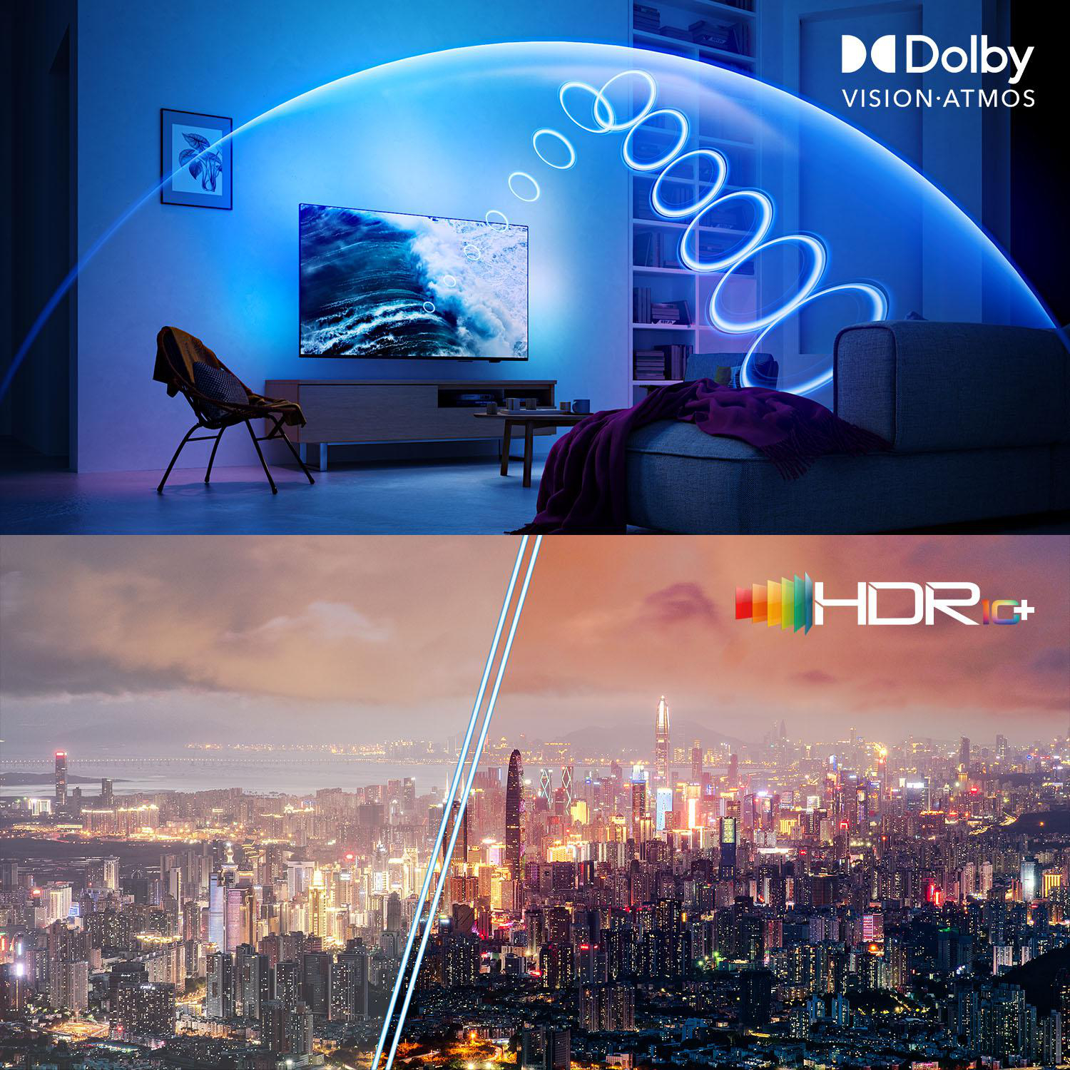 Wohnzimmer mit Fernseher, blaue Neonakzente, nächtliche Stadtansicht darunter. Dolby Vision Atmos- und HDR+-Logos.