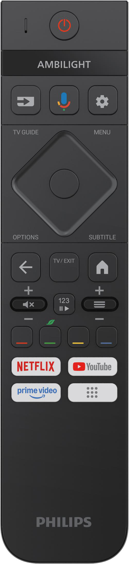 Schwarze Philips-Fernbedienung mit verschiedenen Tasten, darunter Ein/Aus, Ambilight, Netflix und YouTube.
