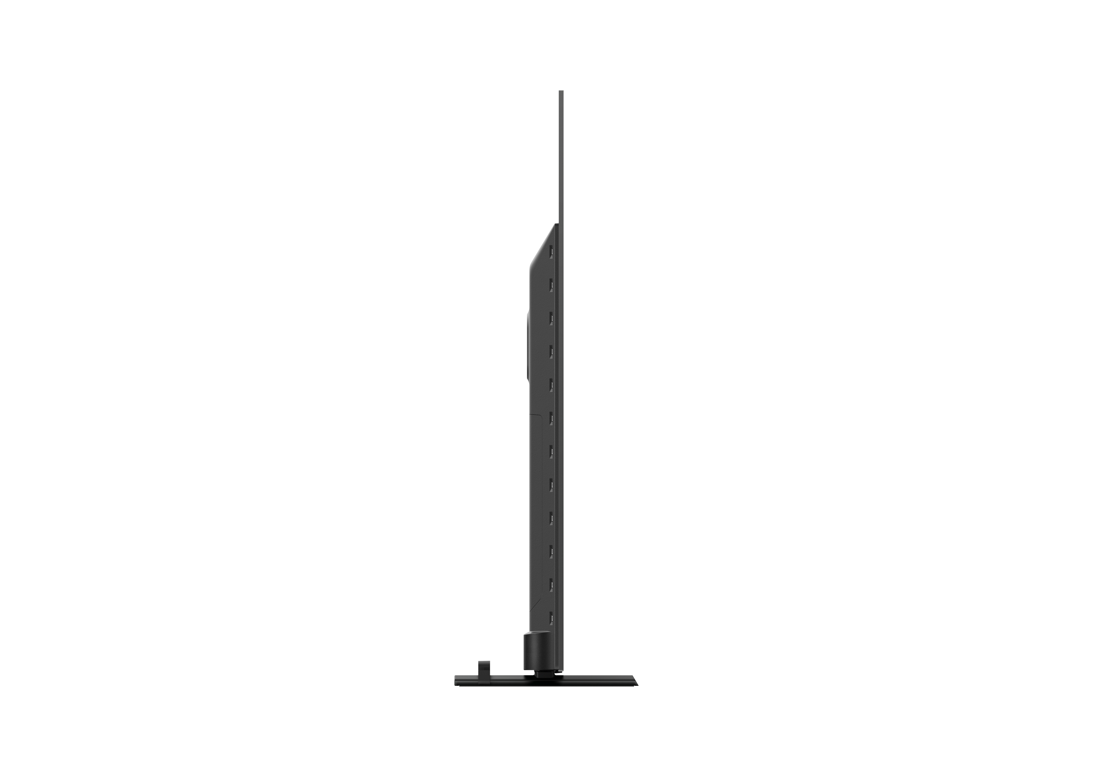 Seitenansicht eines schwarzen, dünnen, modernen Fernsehers auf einem schwarzen Ständer. Der Hintergrund ist weiß.