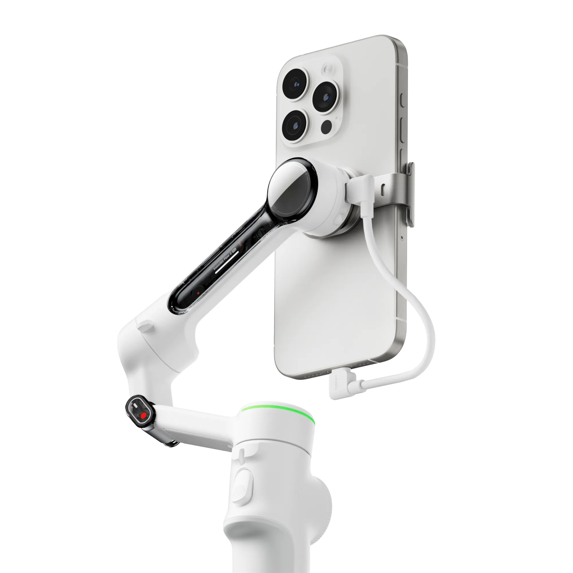 Weißes Smartphone an einem Gimbal-Stabilisator befestigt. Schwarzer Hintergrund.