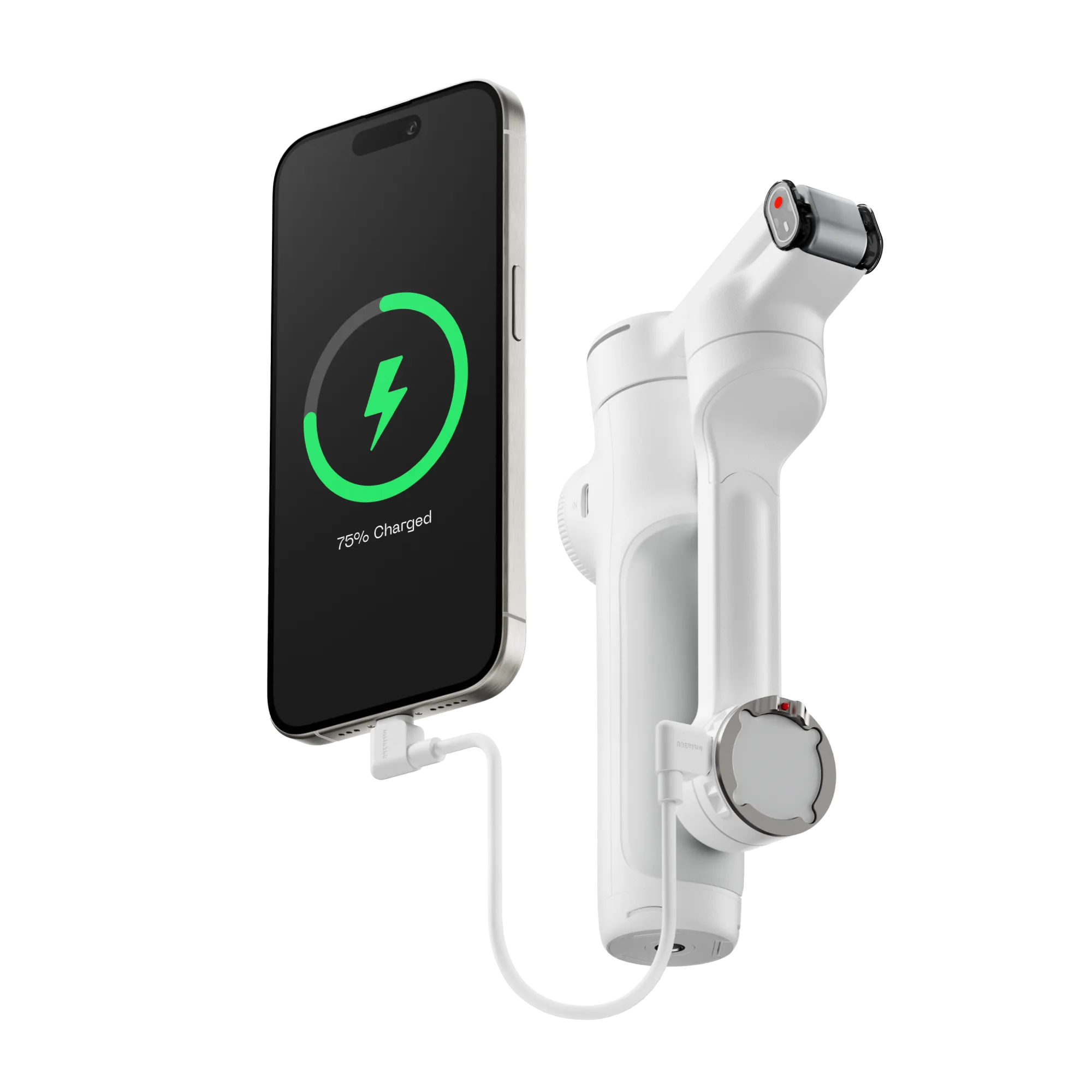 Ein Telefon wird aufgeladen und zeigt 75 % geladen an. Es ist mit einem weißen Gimbal verbunden. Schwarzer Hintergrund.