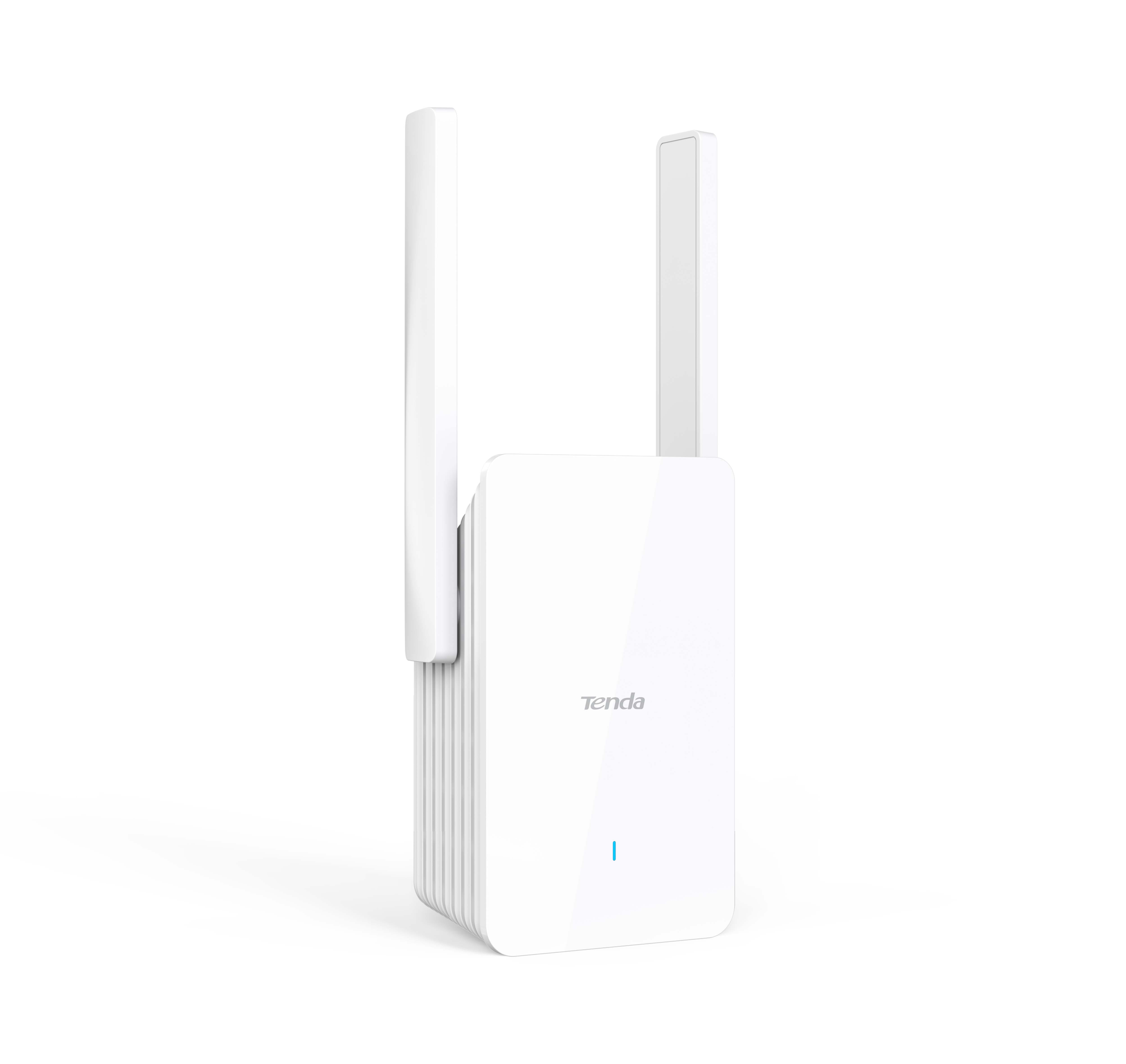 İki antenli beyaz bir Tenda Wi-Fi menzil genişletici. Cihazda mavi bir gösterge ışığı var. Arka plan beyazdır.