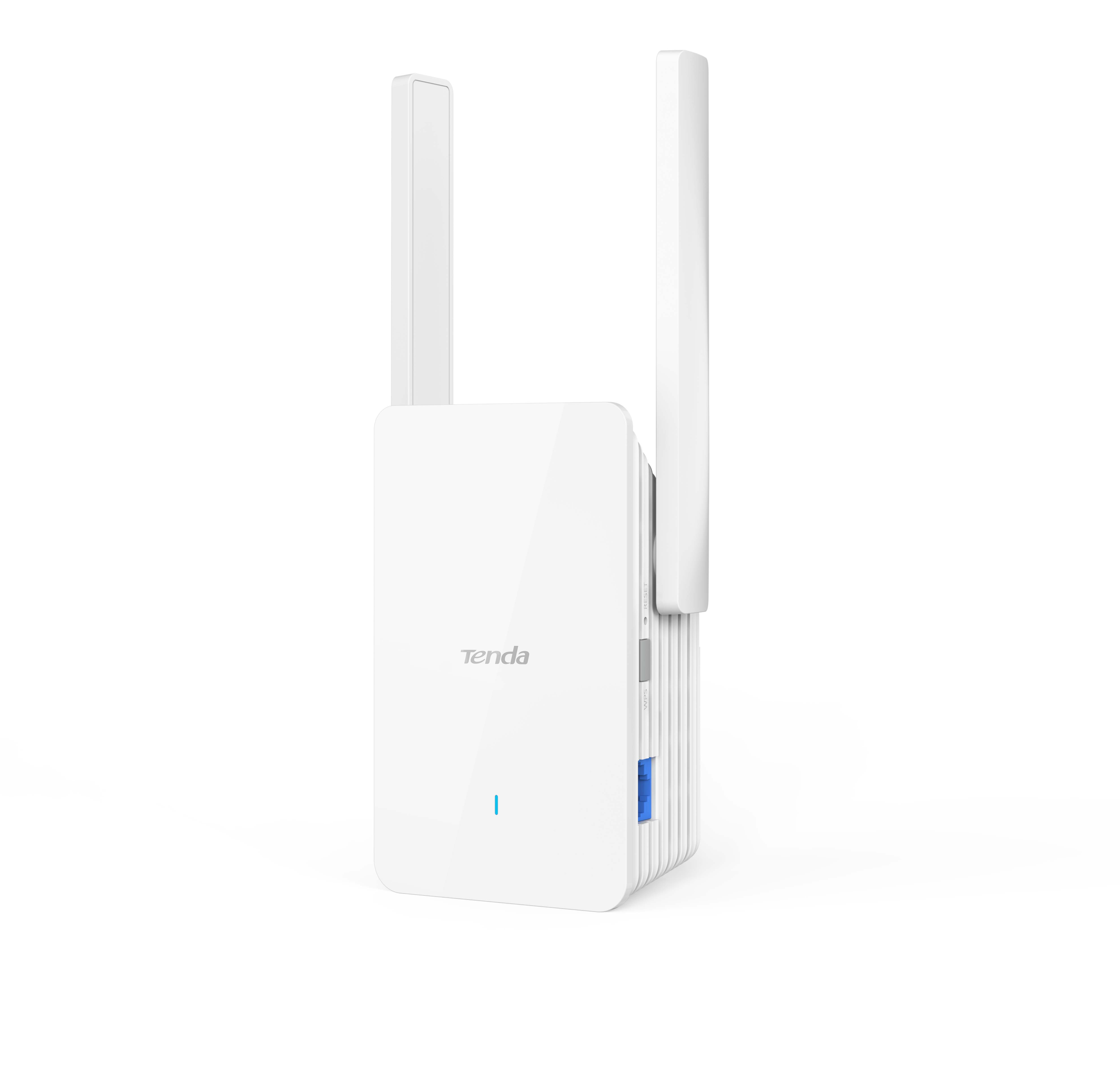 İki antenli beyaz bir Tenda WiFi genişletici. Tenda logosu ve beyaz zemin üzerinde mavi ve gri detaylar bulunuyor.