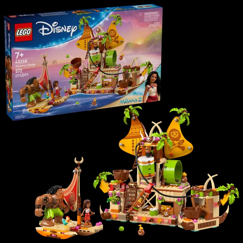 Lego set of Moana's Kakamora Barge. Features characters, boat, and structures. Box art shows set. Includes characters Maui, Moana.