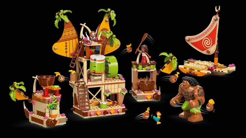 Lego set depicting Moana with structures, characters, and a boat. Includes Moana, Maui, and other figures, with a dark background.