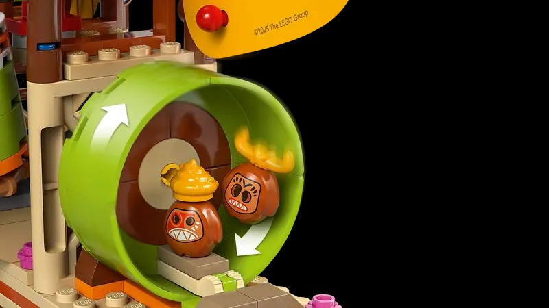 A Lego set with a green rotating barrel and two brown cartoon characters with angry faces inside.