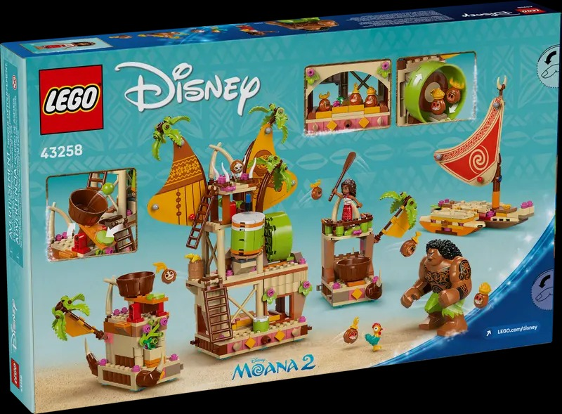 Lego Disney Moana 2 set box. Features Lego figures and structures. Includes Moana, Maui, and various buildings. Colorful and detailed.