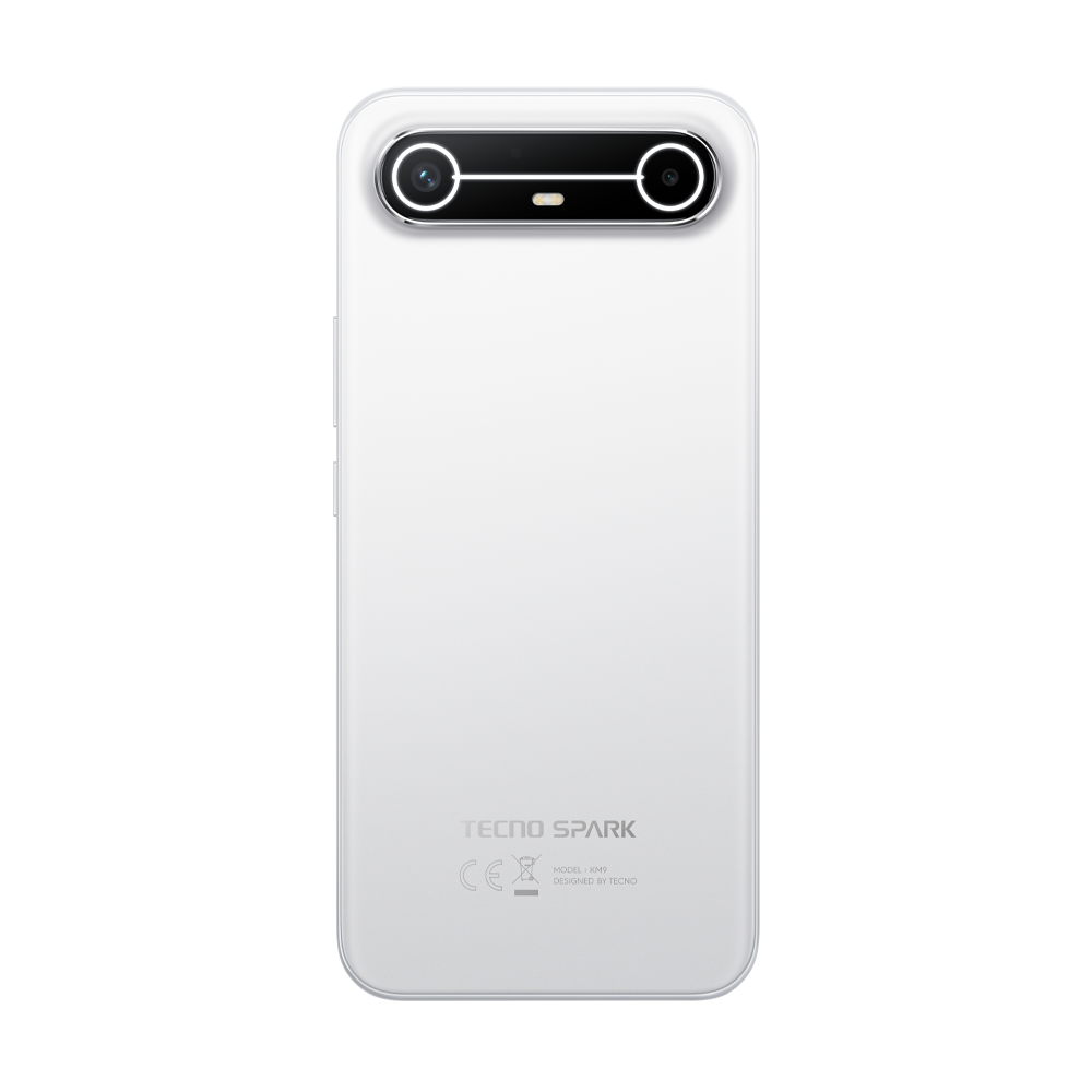 Beyaz akıllı telefonun arkası. Üstte çift kamera tasarımı, ortalanmış. Altta 'TECNO SPARK' metni ve düzenleyici bilgiler.